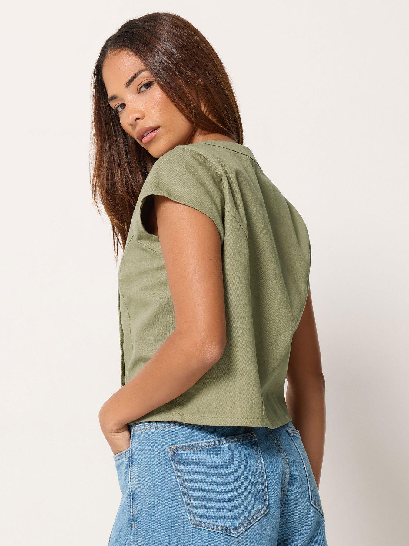 Image 2 of 4 of PixieGirl Womens Petite Double Breasted Button Detail Blouse - Green