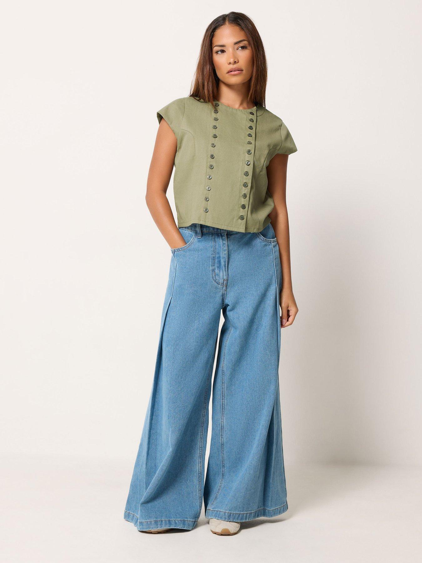 Image 3 of 4 of PixieGirl Womens Petite Double Breasted Button Detail Blouse - Green