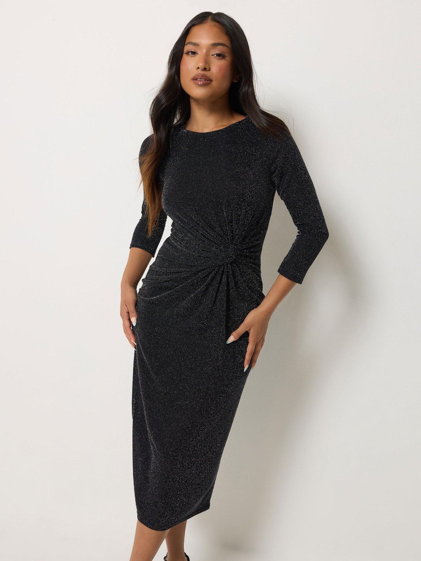 PixieGirl Petite Brillo Twist Detail Midi Dress - Black
