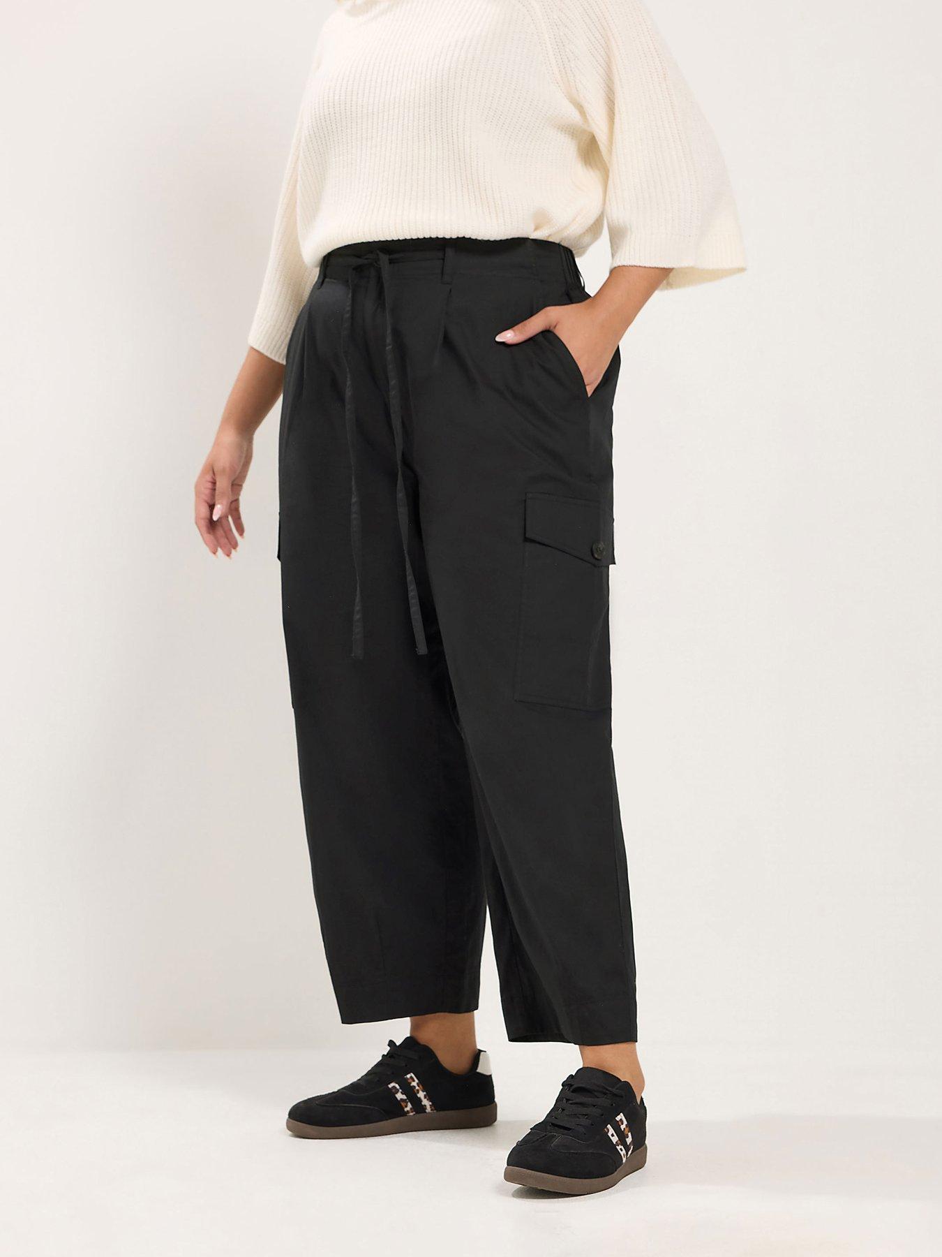 Yours Curve Cotton Poplin Cargo Barrel Trouser - Black