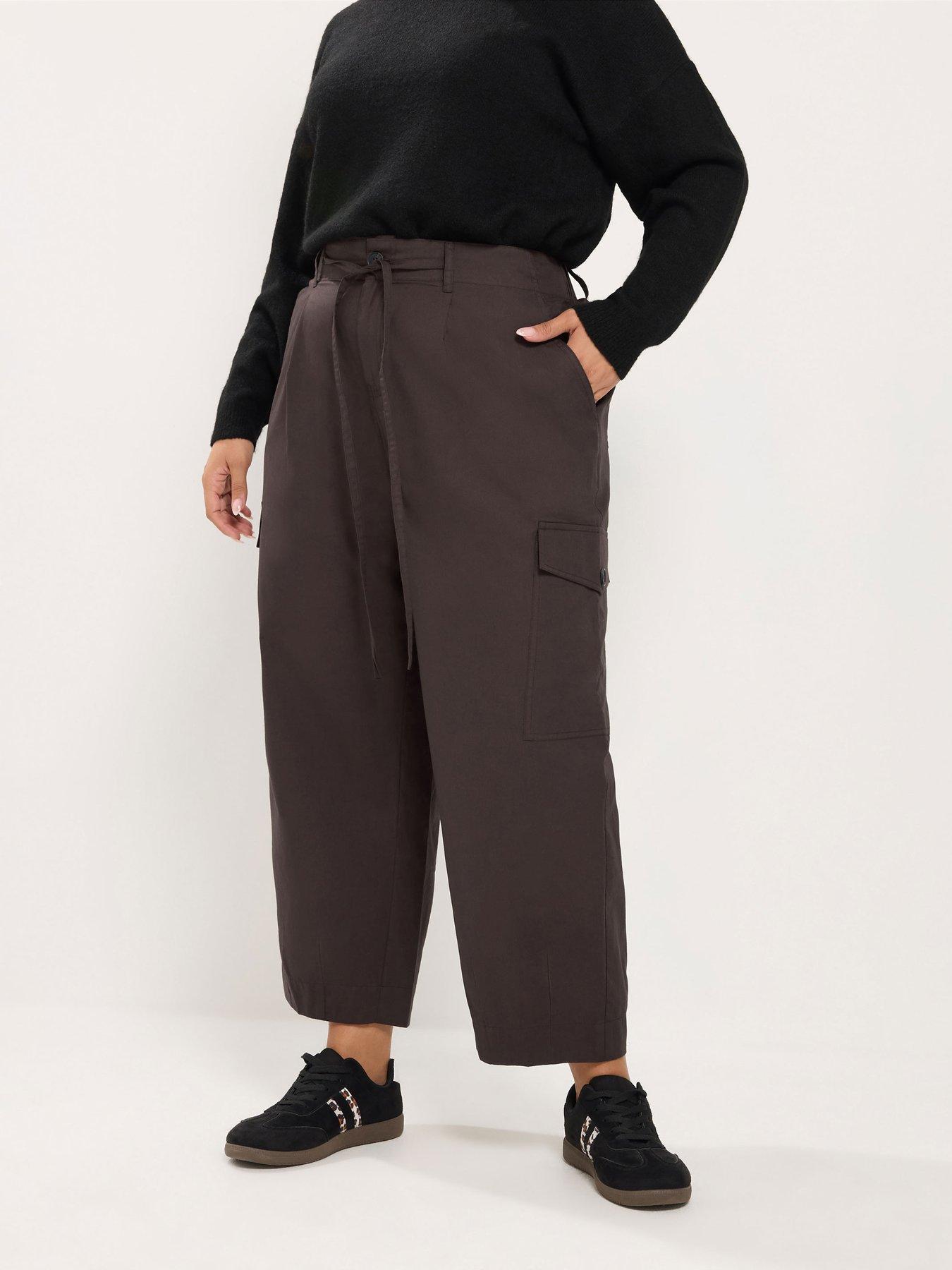 Yours Curve Cotton Poplin Cargo Barrel Trouser - Brown