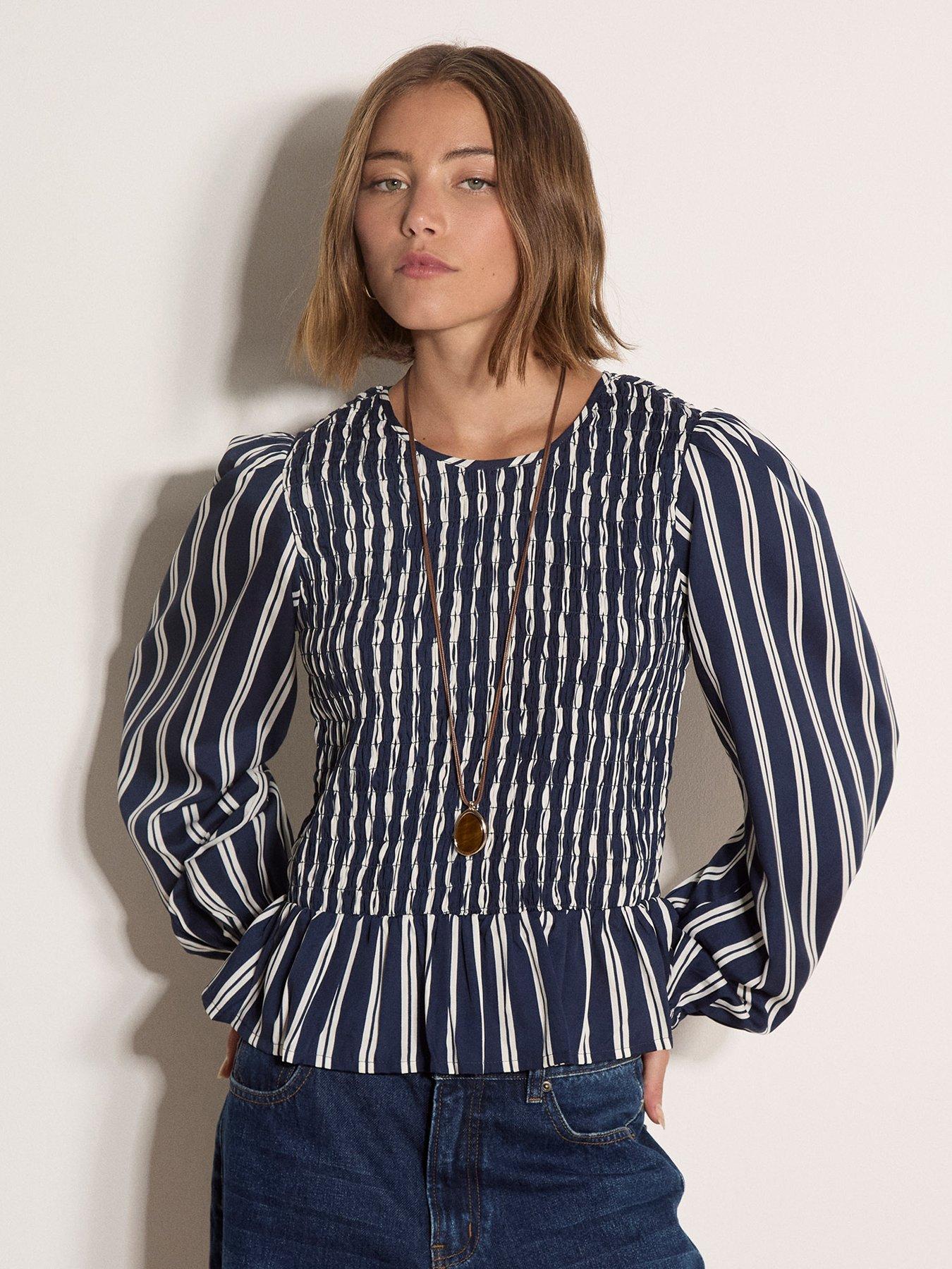 Image 1 of 4 of Apricot Apricot Striped Fully Shirred Long Sleeve Top