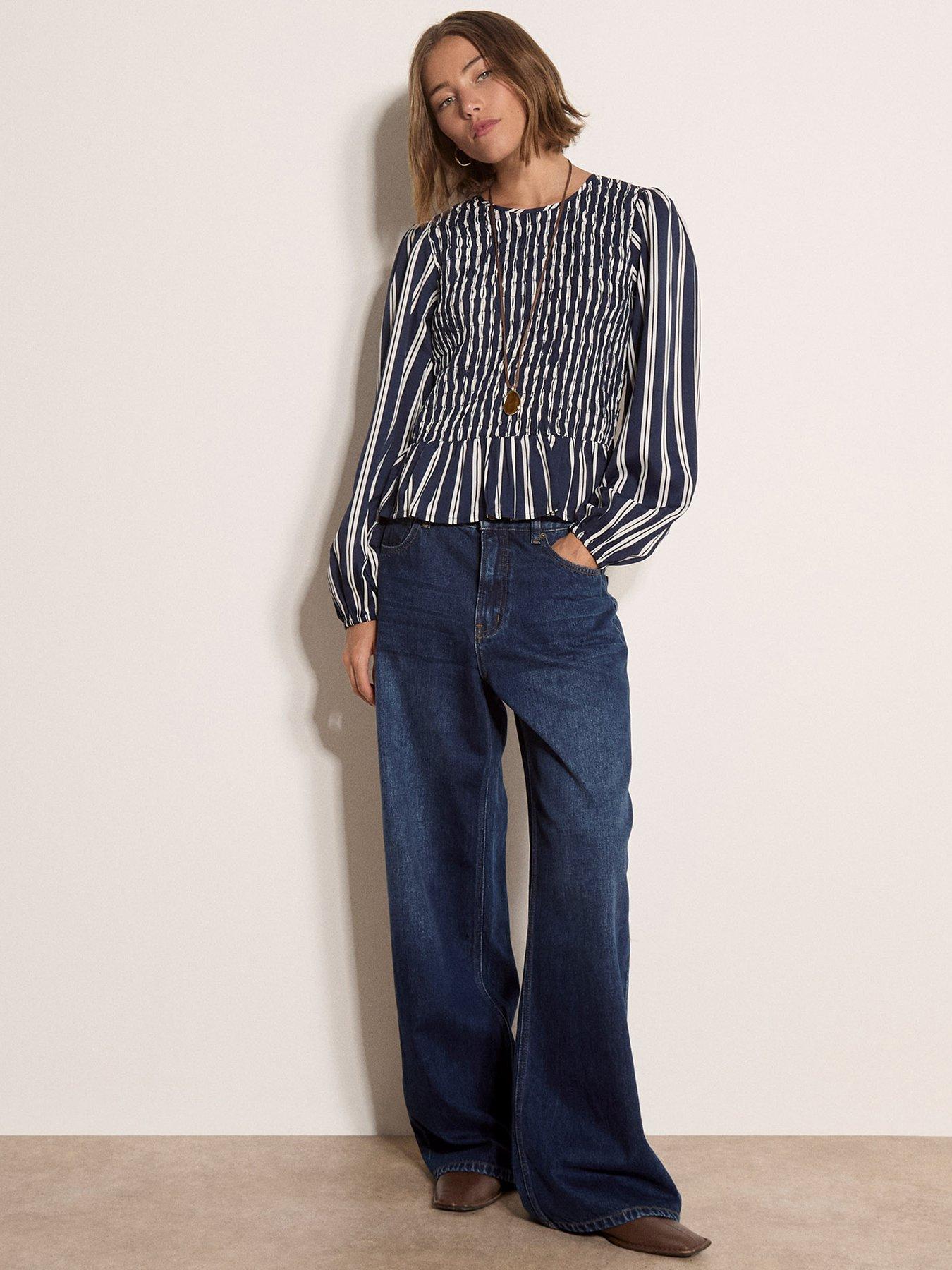Image 3 of 4 of Apricot Apricot Striped Fully Shirred Long Sleeve Top