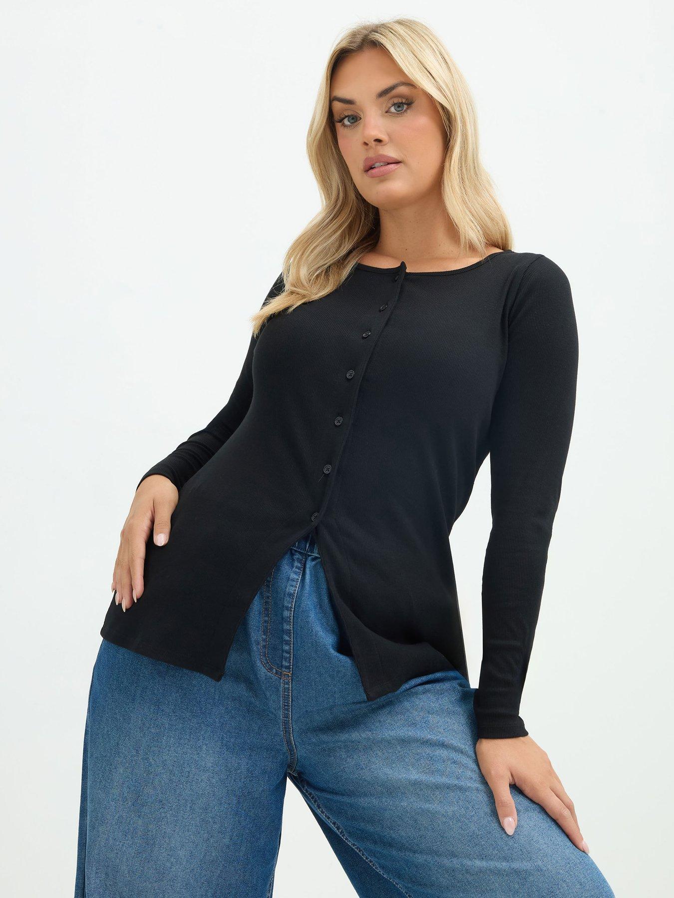 Image 1 of 4 of Yours Womens Curve Button Front Long Sleeve Blouse - Black