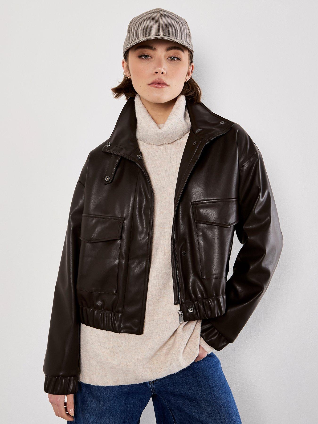 Image 1 of 6 of Apricot Faux Leather Bomber Jacket - Brown