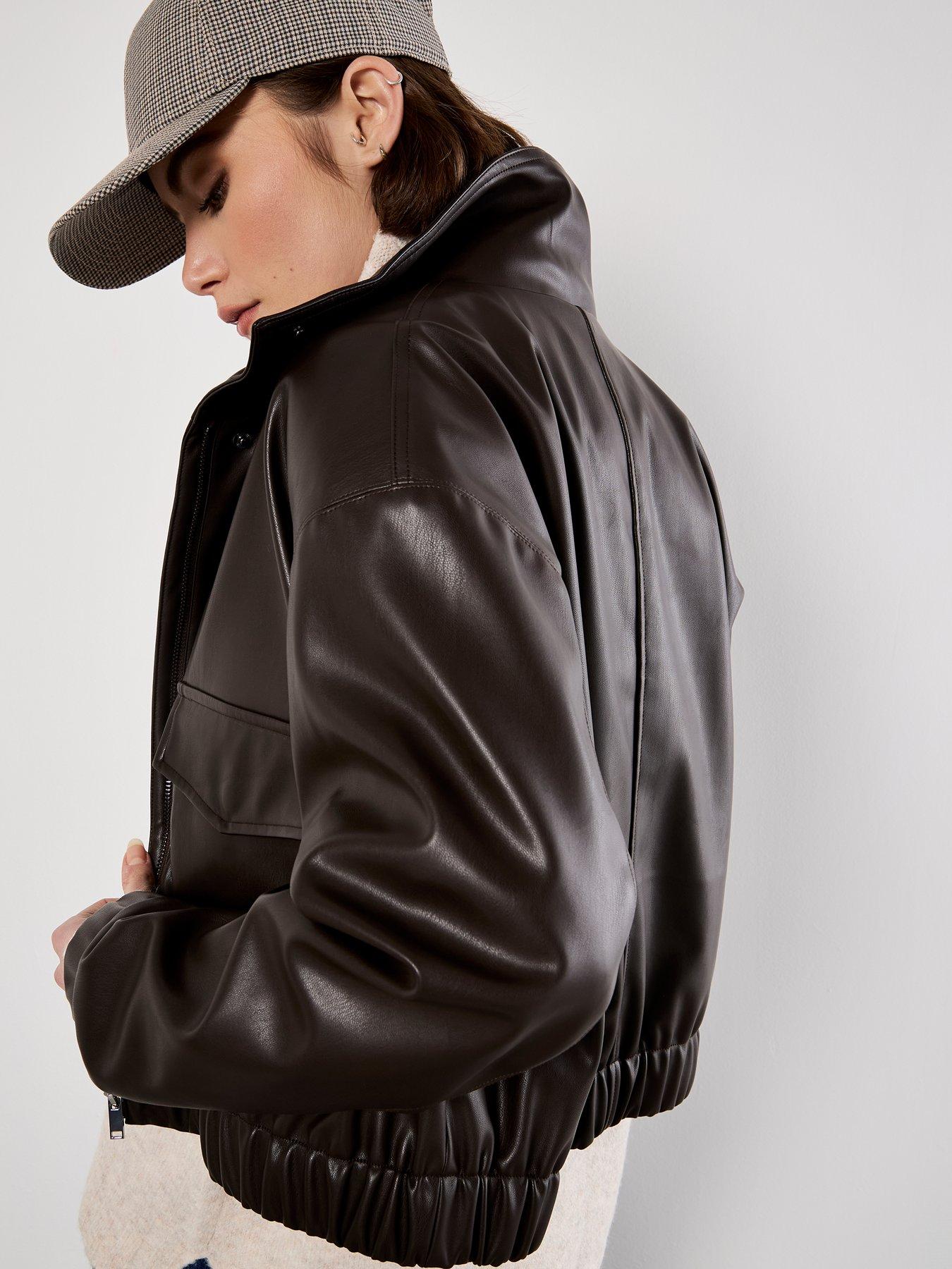 Image 2 of 6 of Apricot Faux Leather Bomber Jacket - Brown