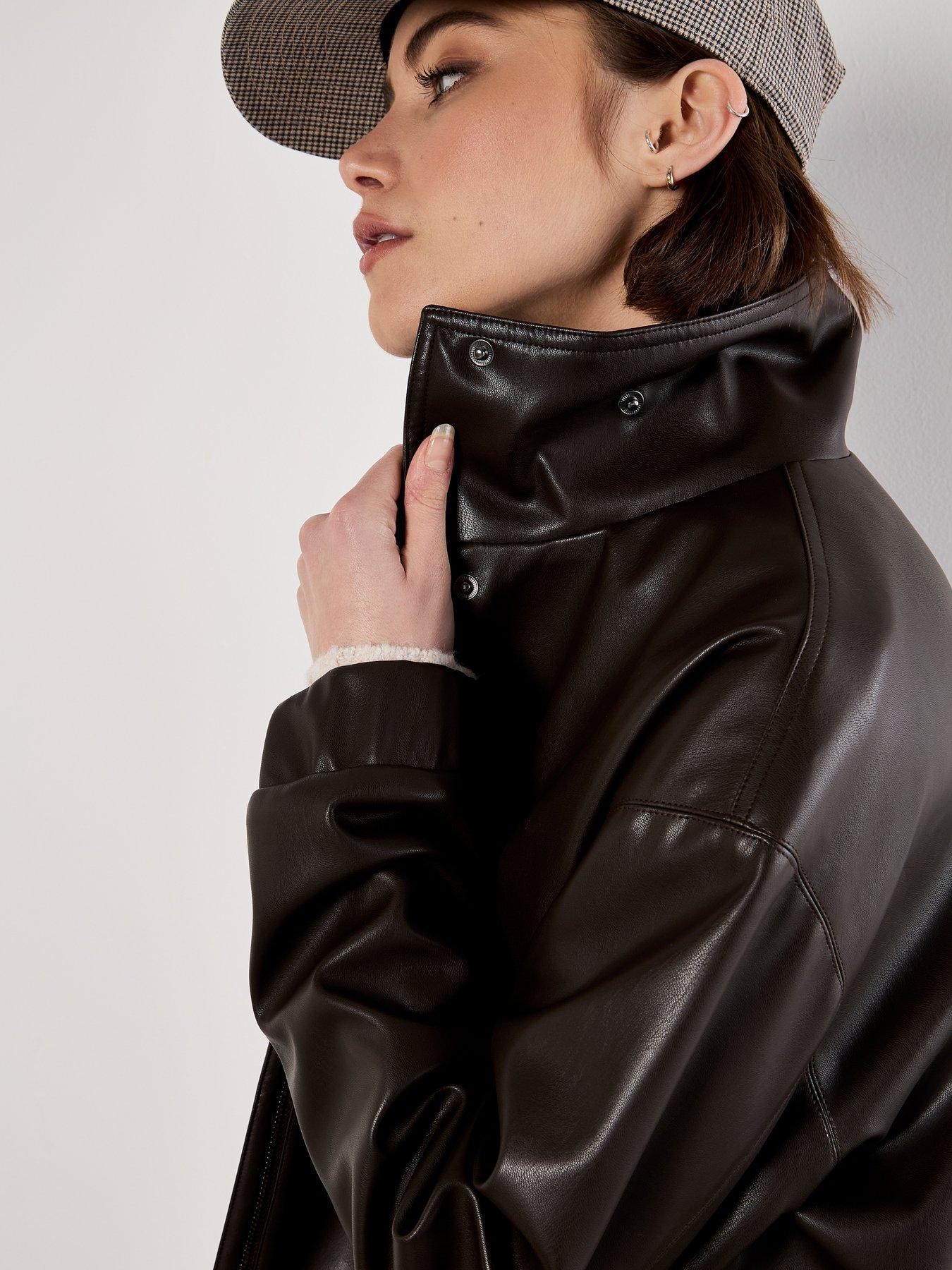 Image 4 of 6 of Apricot Faux Leather Bomber Jacket - Brown