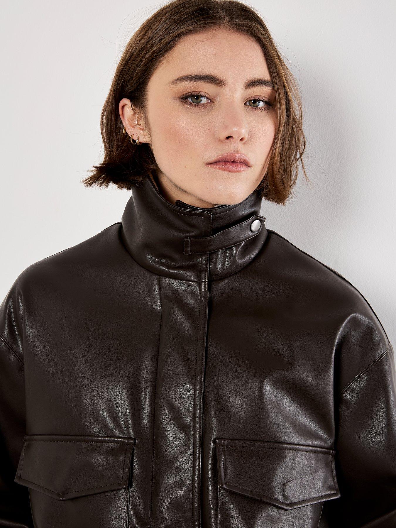 Image 5 of 6 of Apricot Faux Leather Bomber Jacket - Brown