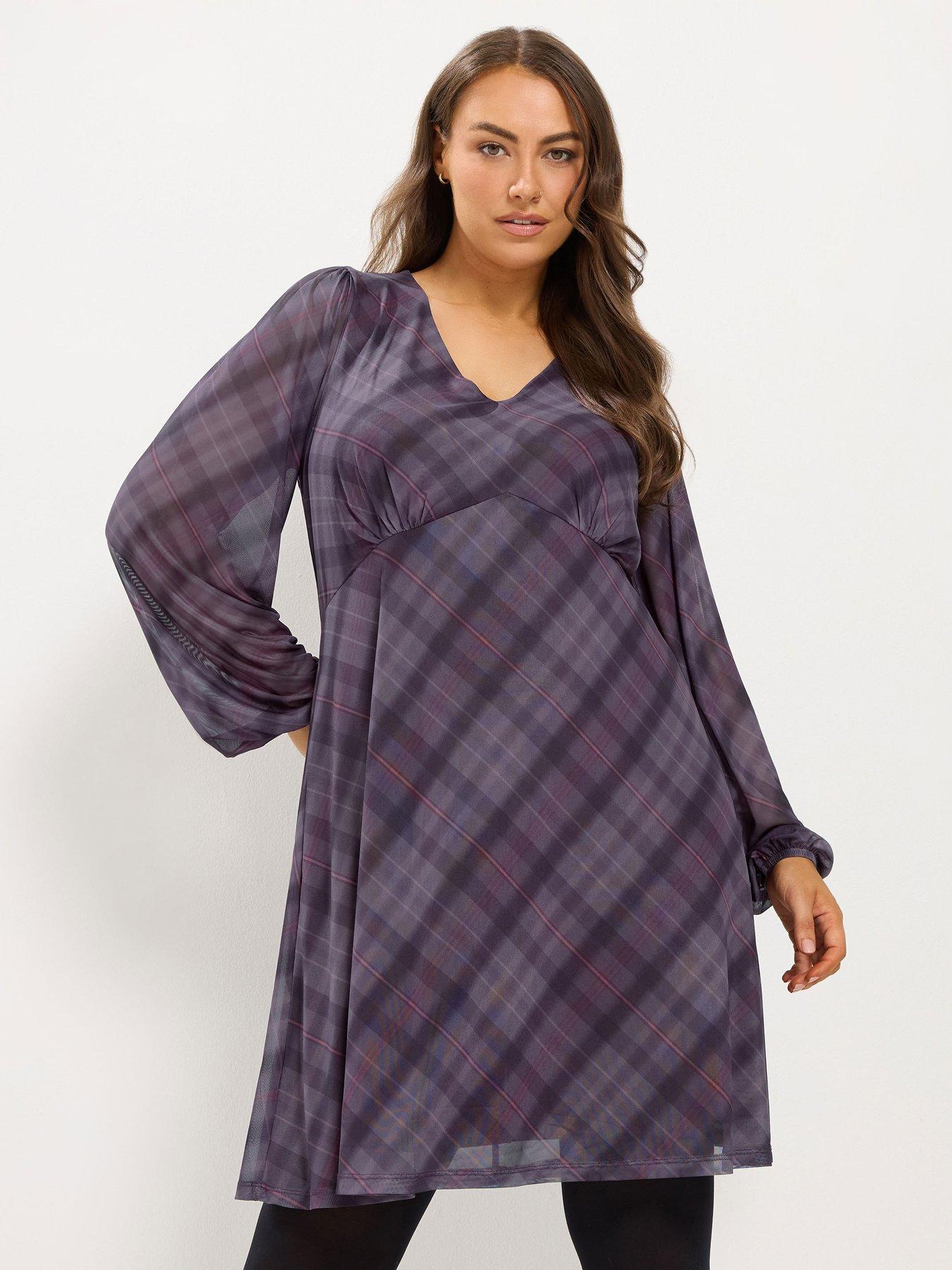 Yours Curve Check Mesh Balloon Sleeve Dress - Purple