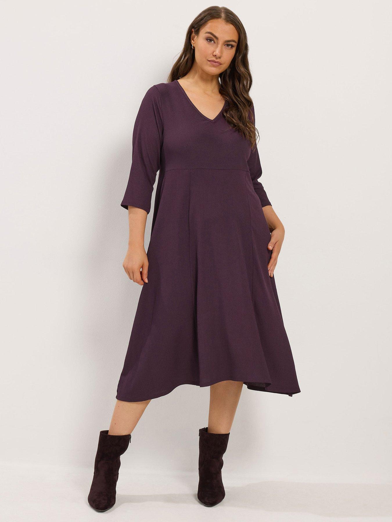 Image 1 of 4 of Yours Womens Curve Textured V-Neck Long Sleeve Maxi Dress - Purple