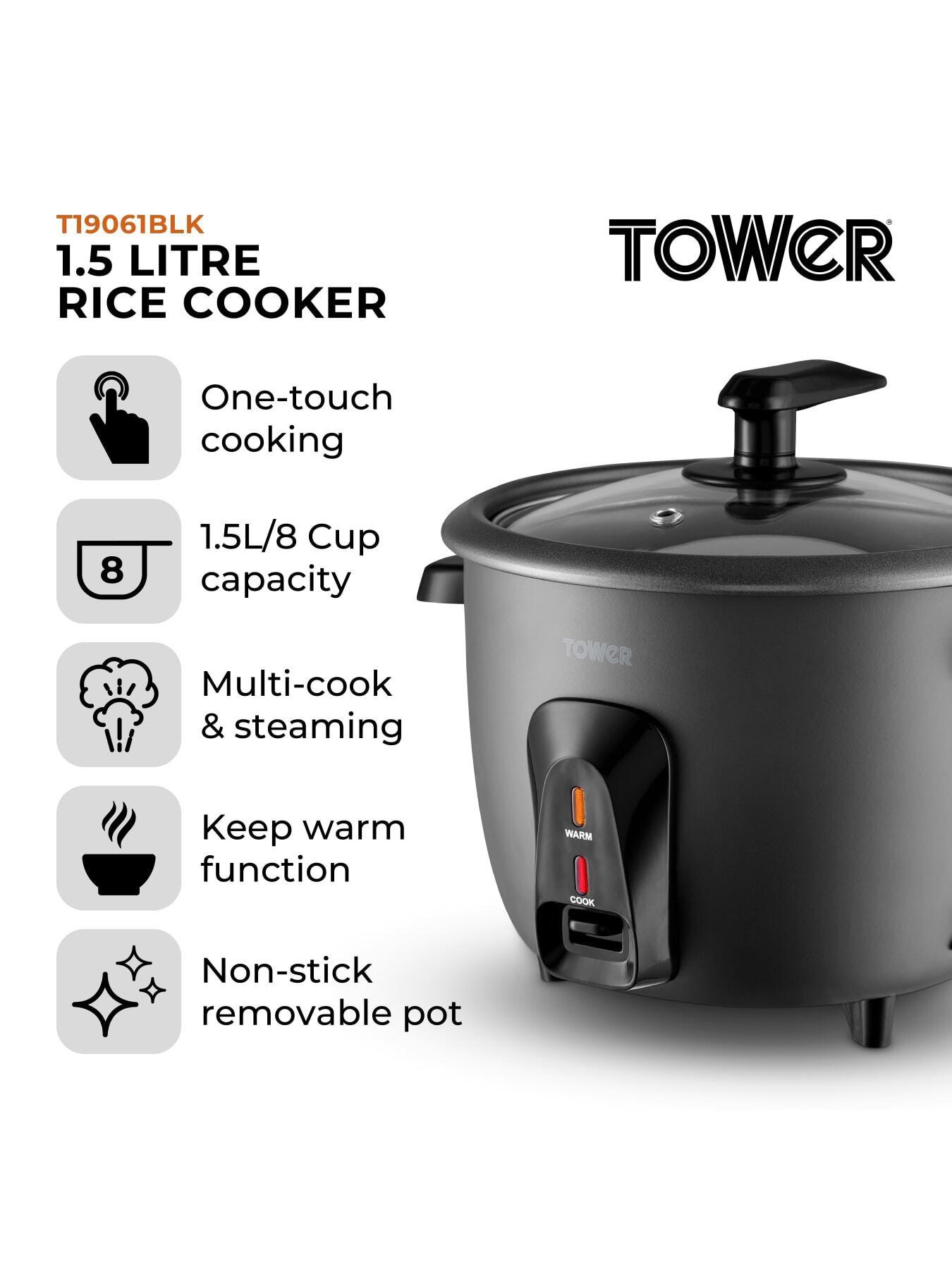 Image 2 of 7 of Tower 1.5L Rice Cooker, Steamer Basket, Measuring Cup & Spoon, 500W, Black