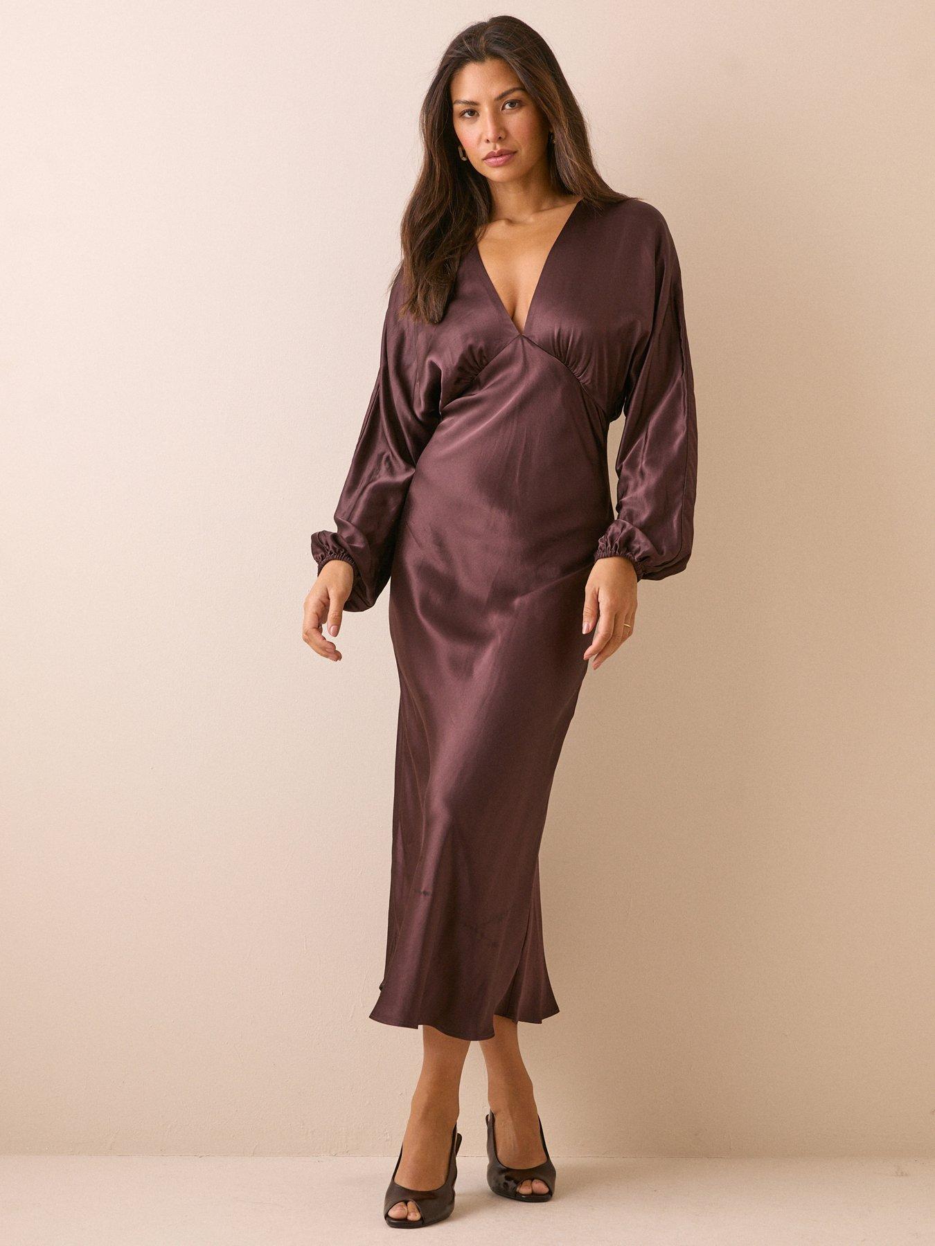 Image 1 of 5 of Nobodys Child Womens Allura Satin-Look V-Neck Blouson Sleeve Midi Dress - Brown