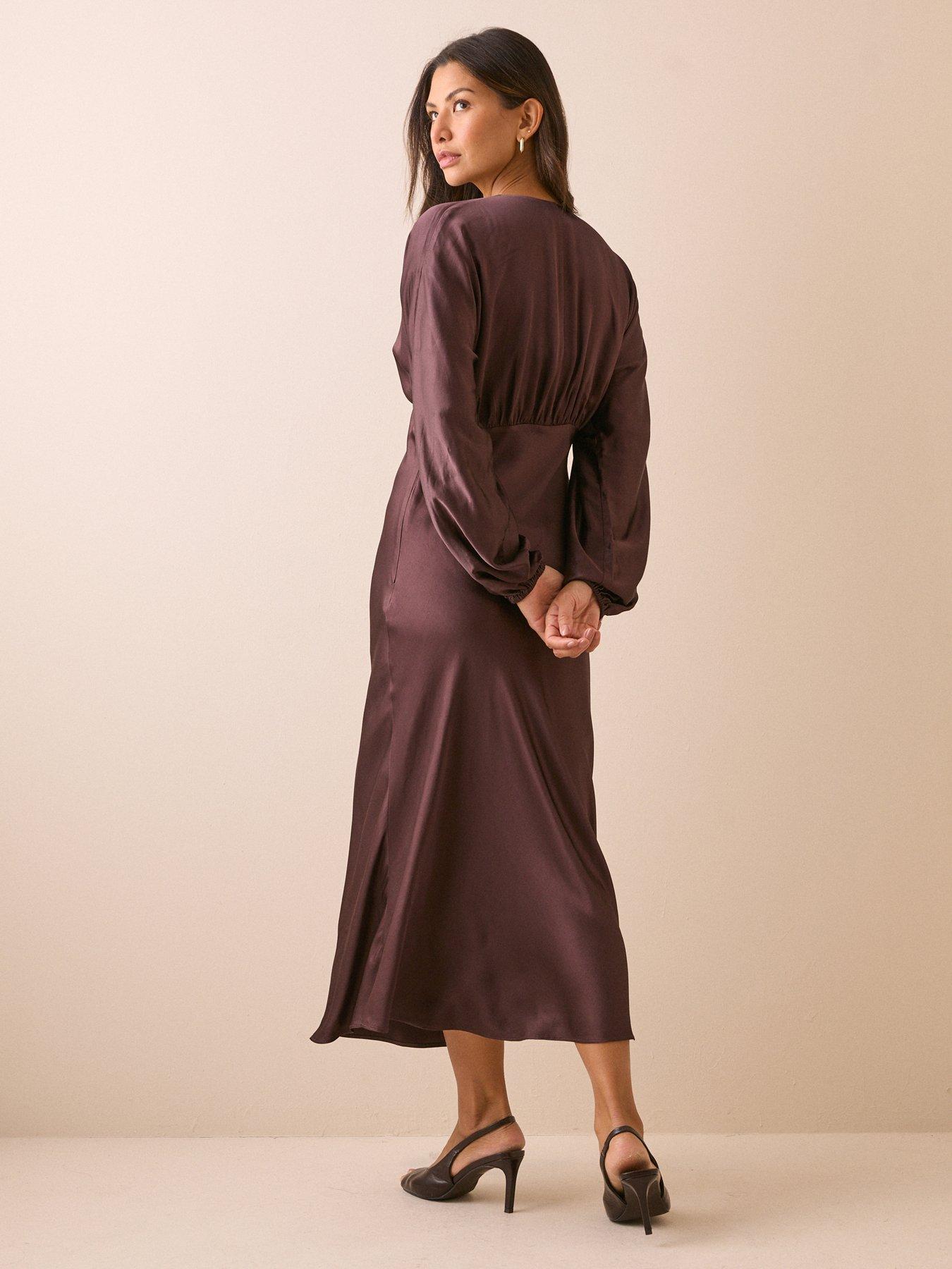 Image 2 of 5 of Nobodys Child Womens Allura Satin-Look V-Neck Blouson Sleeve Midi Dress - Brown