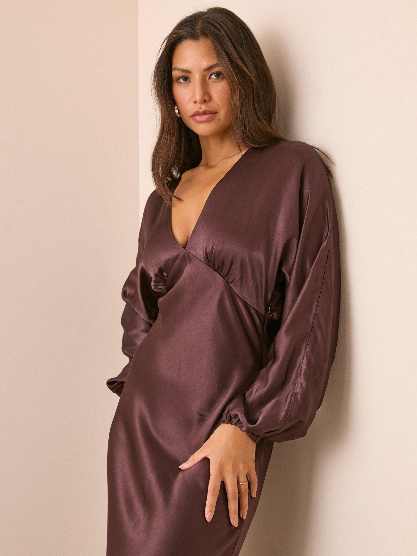 Image 3 of 5 of Nobodys Child Womens Allura Satin-Look V-Neck Blouson Sleeve Midi Dress - Brown