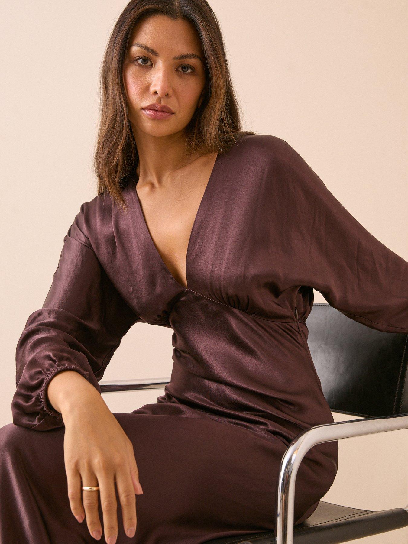 Image 4 of 5 of Nobodys Child Womens Allura Satin-Look V-Neck Blouson Sleeve Midi Dress - Brown