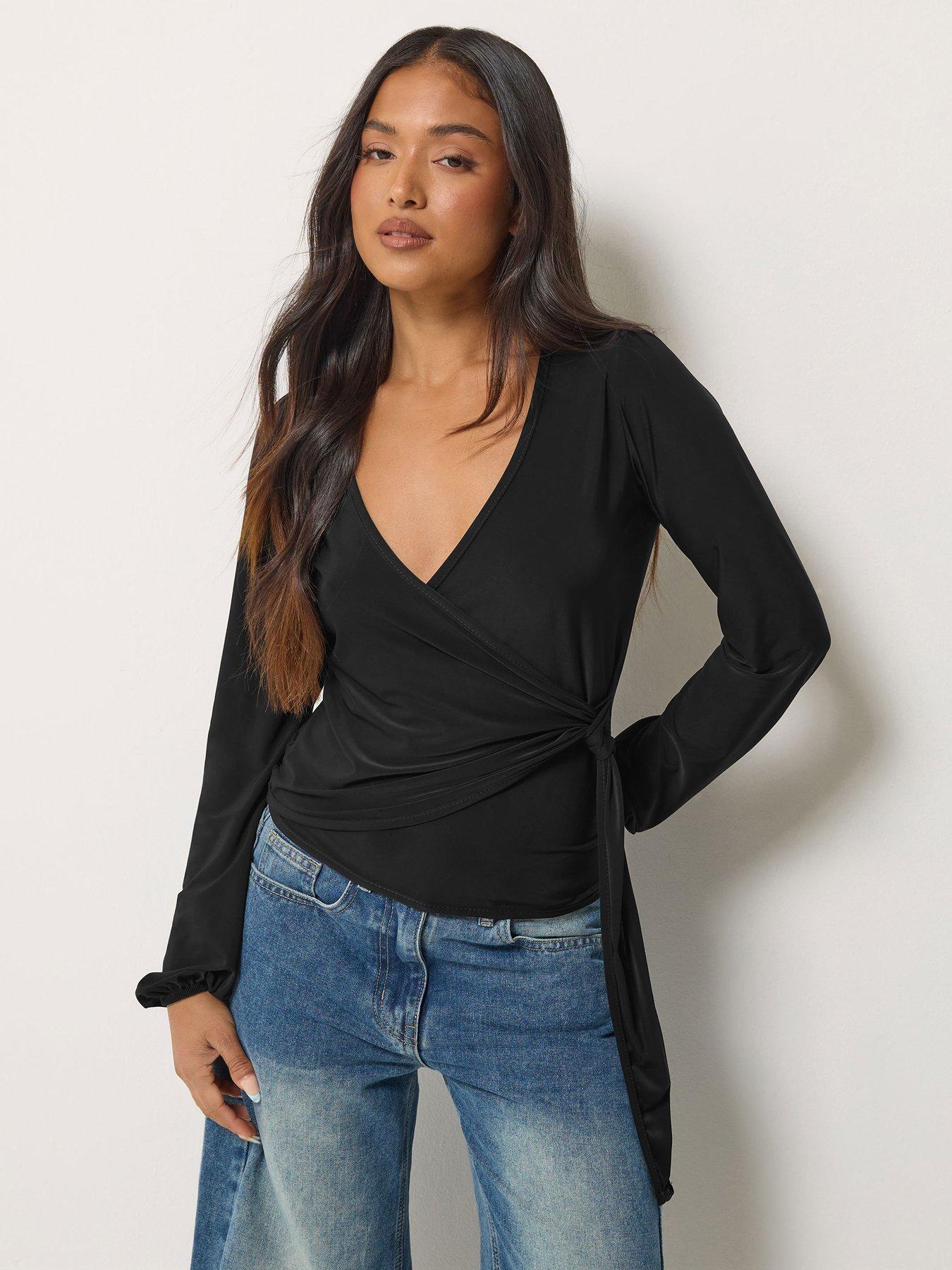 PixieGirl Petite Side Tie Balloon Long Sleeve Top - Black