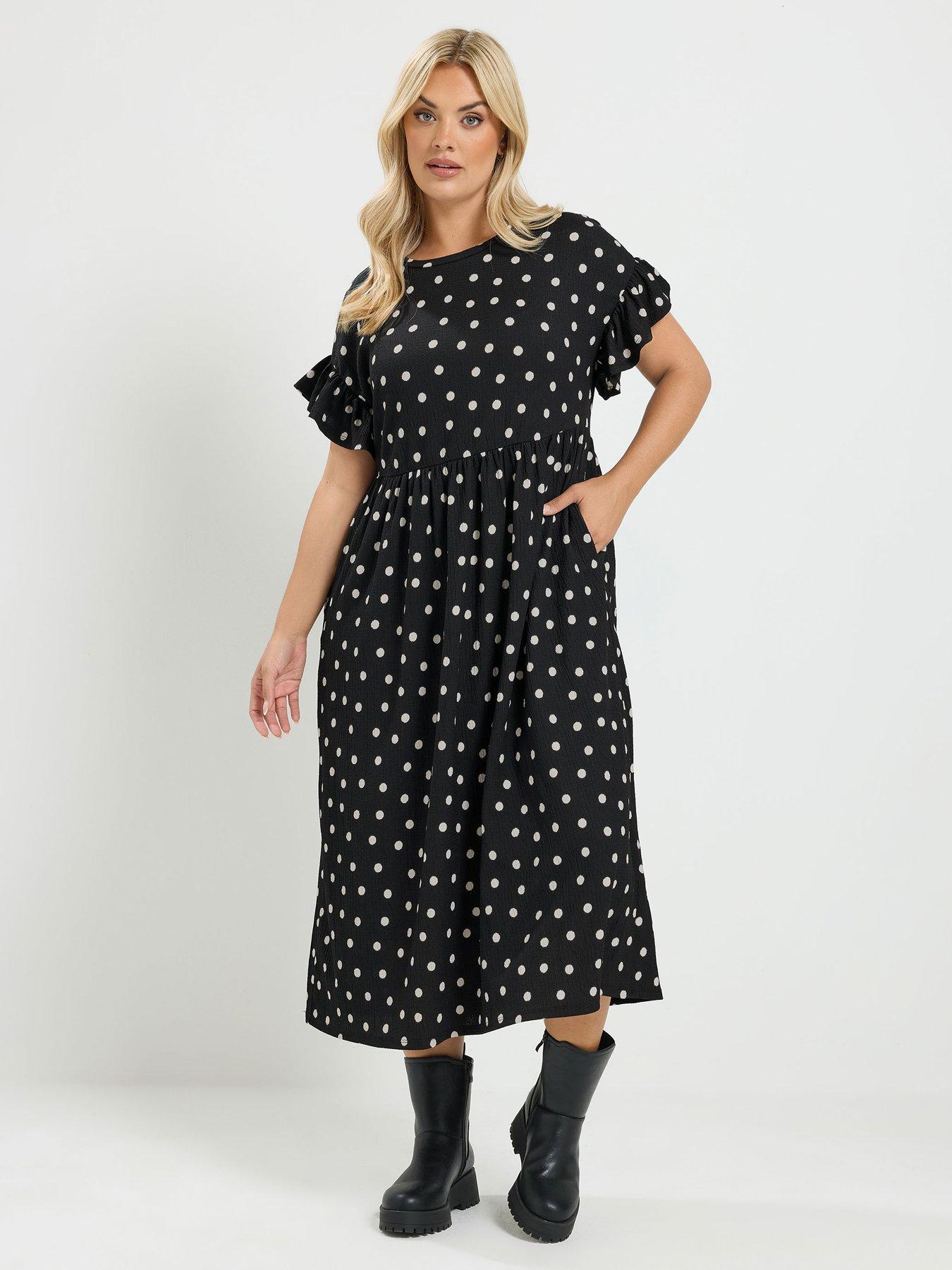 Image 1 of 4 of Yours Curve Polka Dot Frill Sleeve Midi Dress - Black
