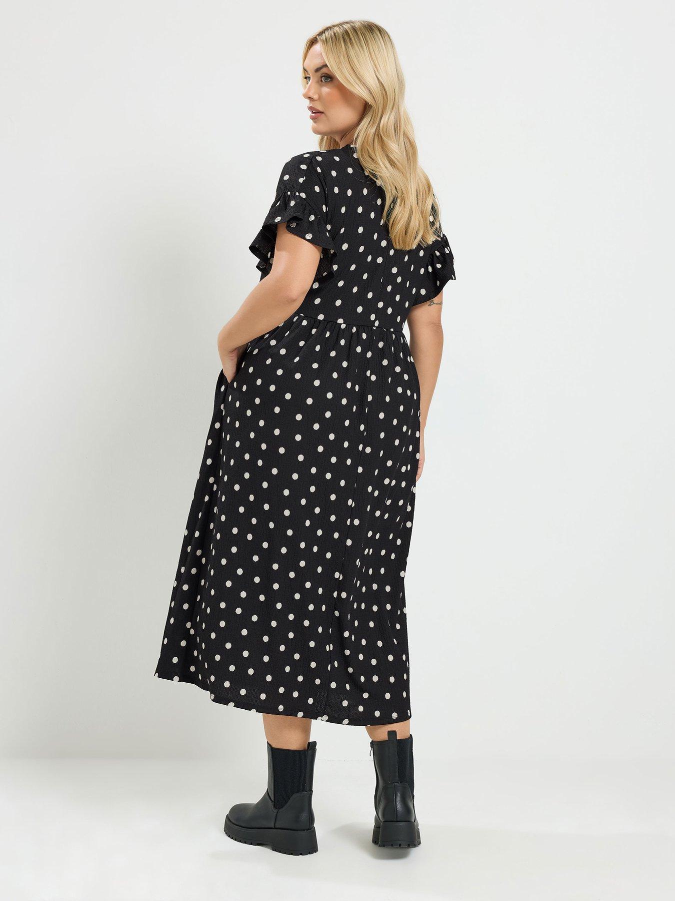 Image 2 of 4 of Yours Curve Polka Dot Frill Sleeve Midi Dress - Black