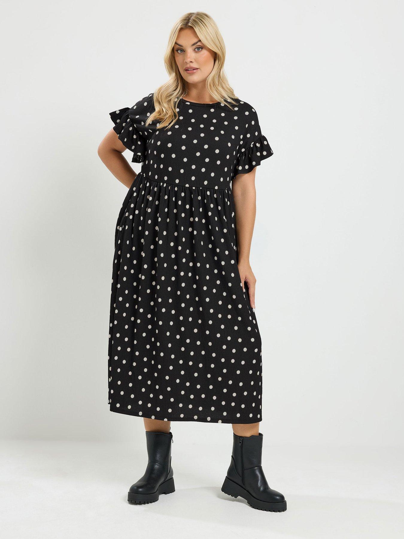 Image 3 of 4 of Yours Curve Polka Dot Frill Sleeve Midi Dress - Black