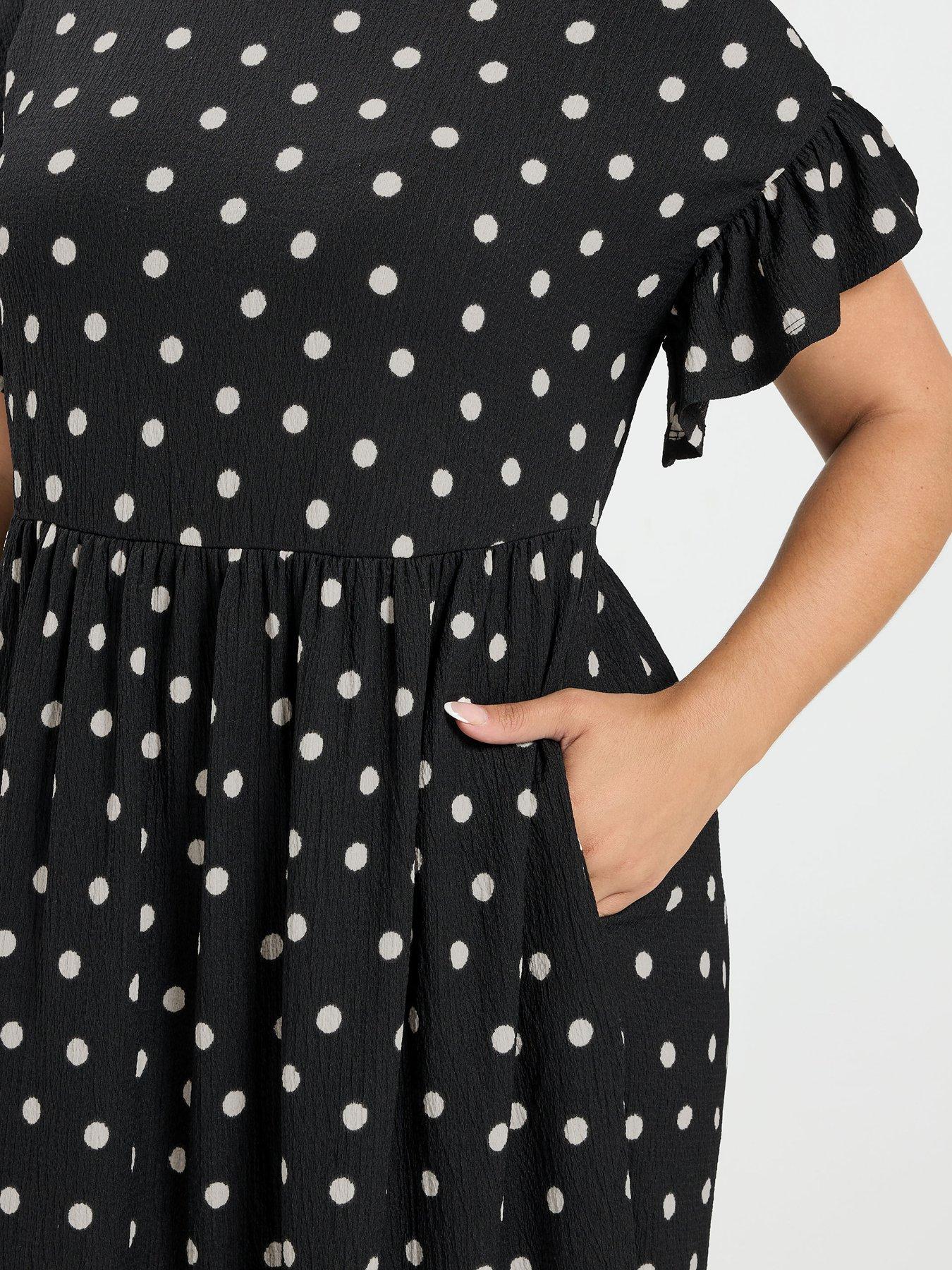 Image 4 of 4 of Yours Curve Polka Dot Frill Sleeve Midi Dress - Black