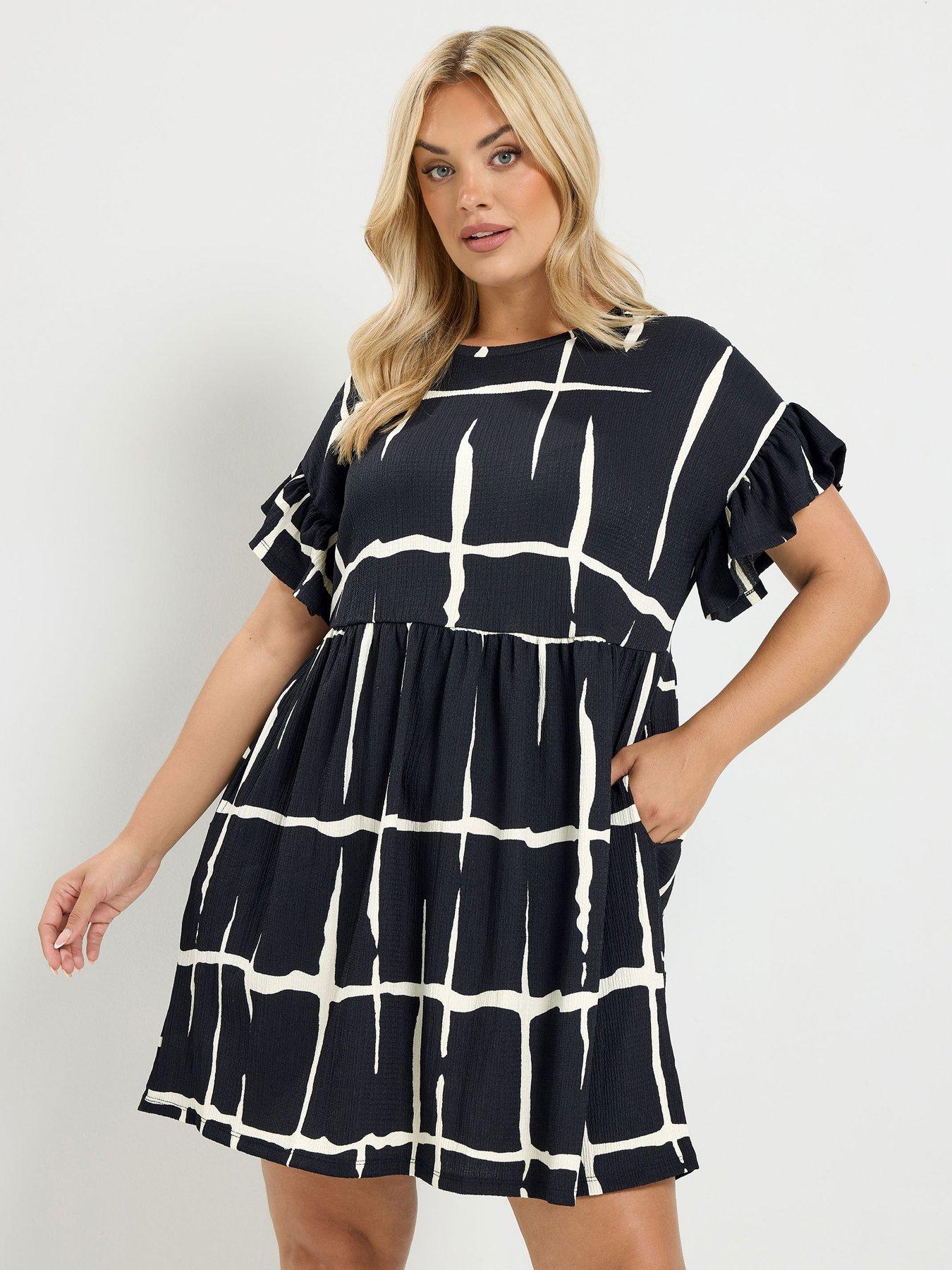 Yours Curve Abstract Frill Sleeve Dress - Black