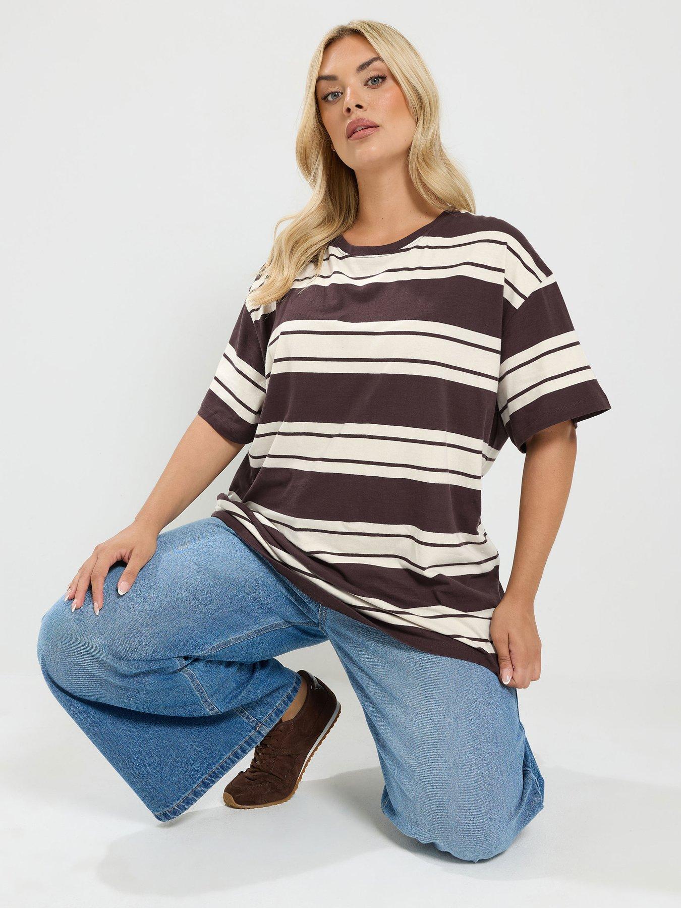 Yours Curve Striped T-Shirt - Brown