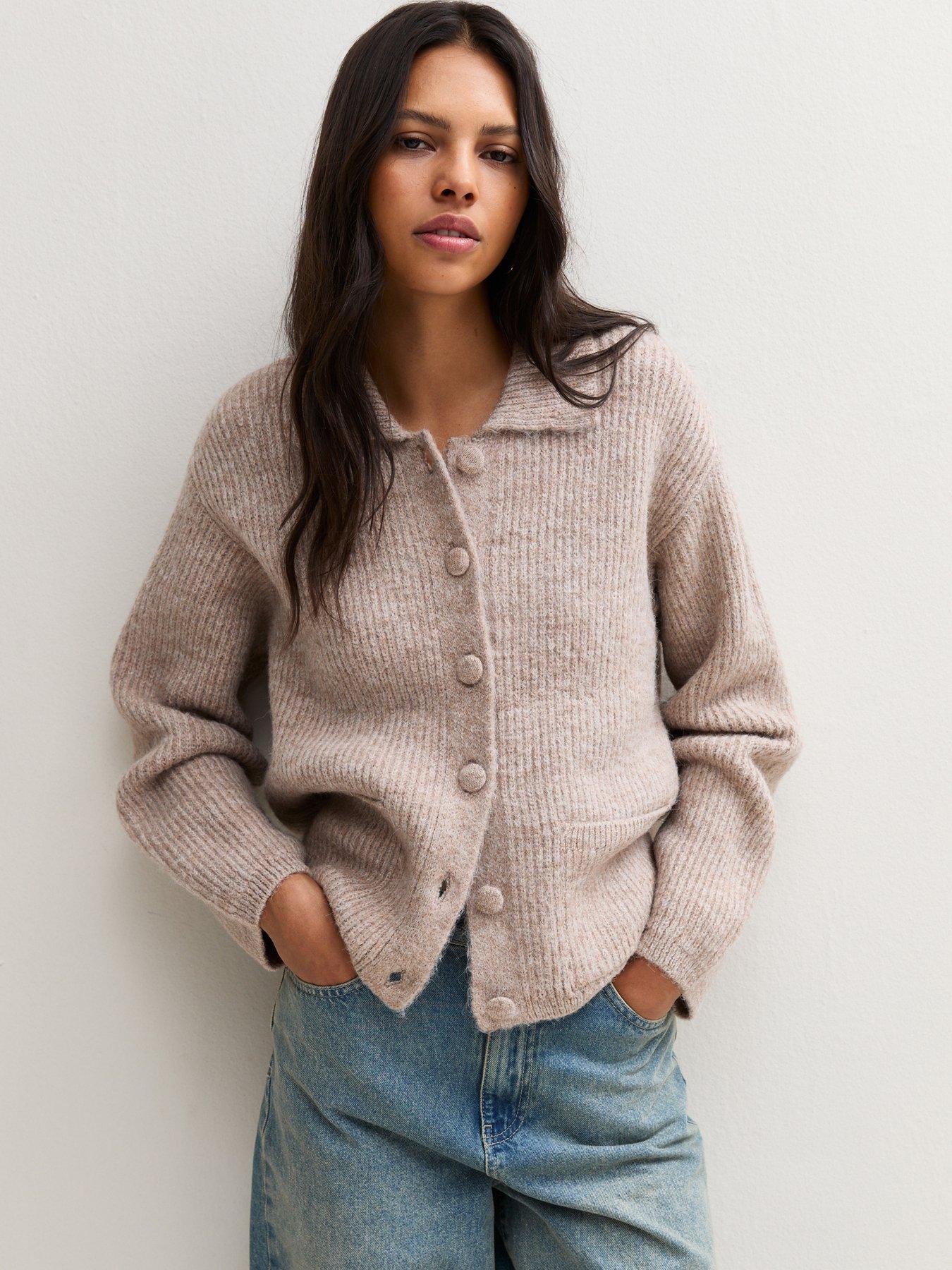 Image 1 of 7 of New Look Womens Ribbed Spread Collar Button Front Cardigan - Beige