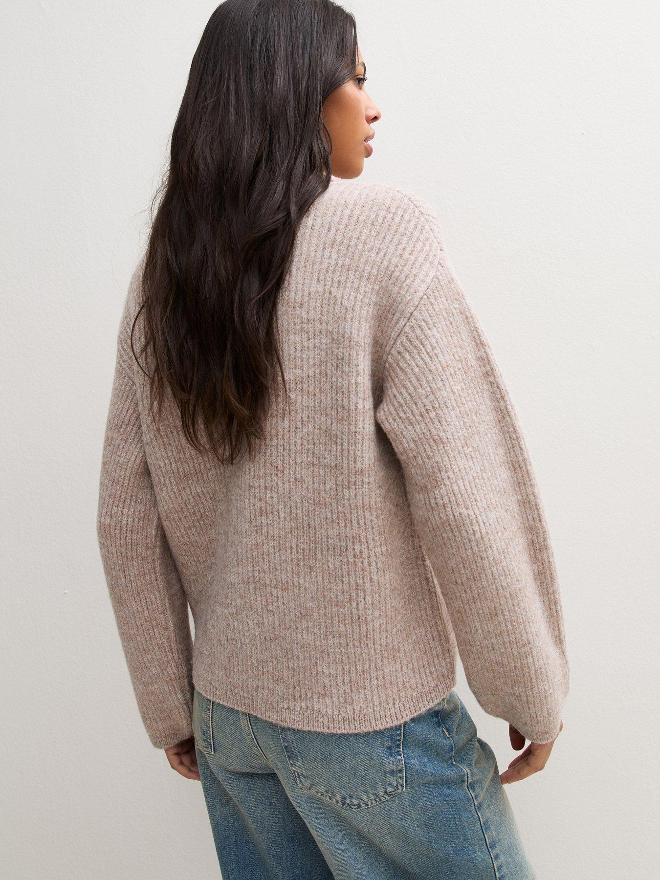 Image 2 of 7 of New Look Womens Ribbed Spread Collar Button Front Cardigan - Beige