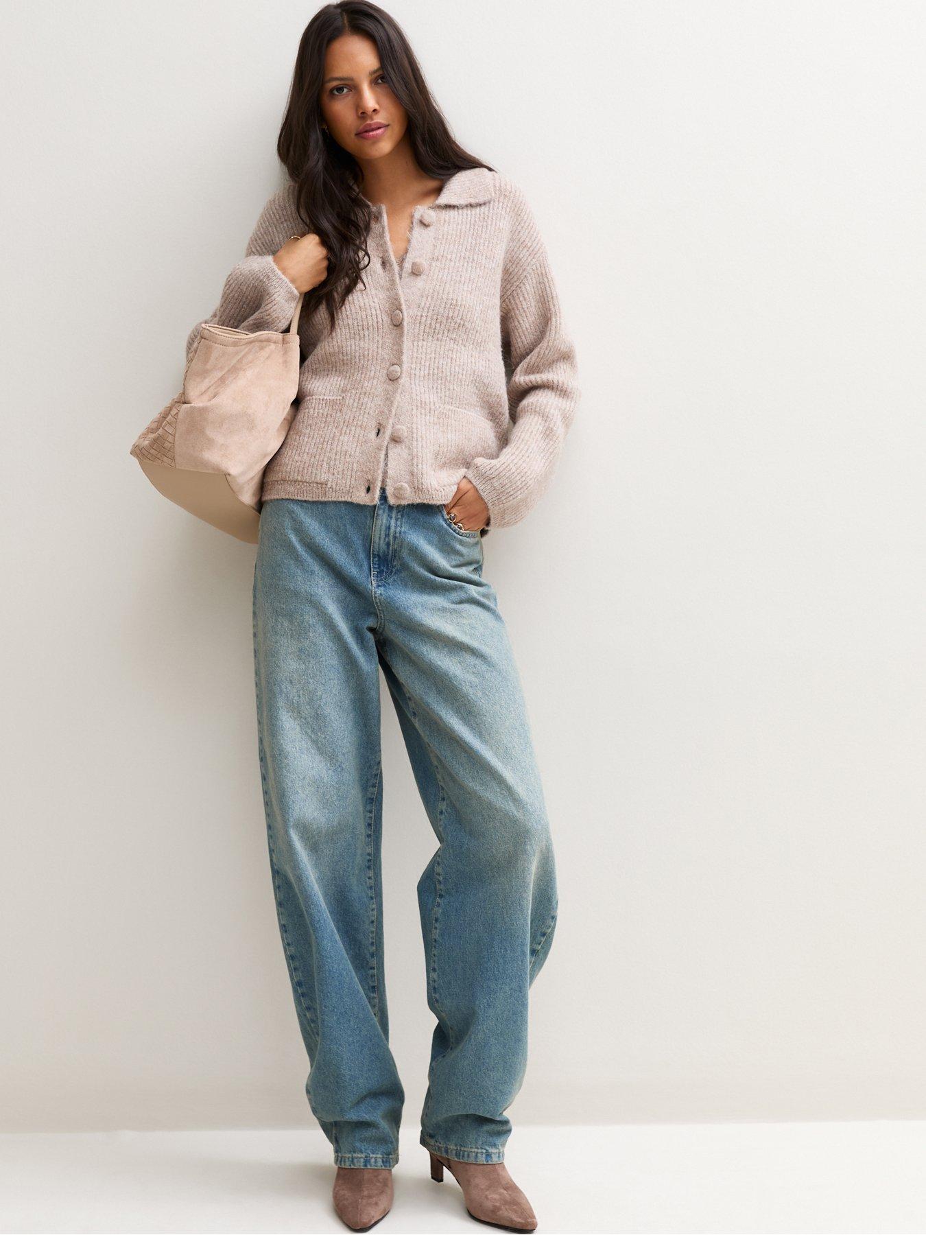 Image 3 of 7 of New Look Womens Ribbed Spread Collar Button Front Cardigan - Beige