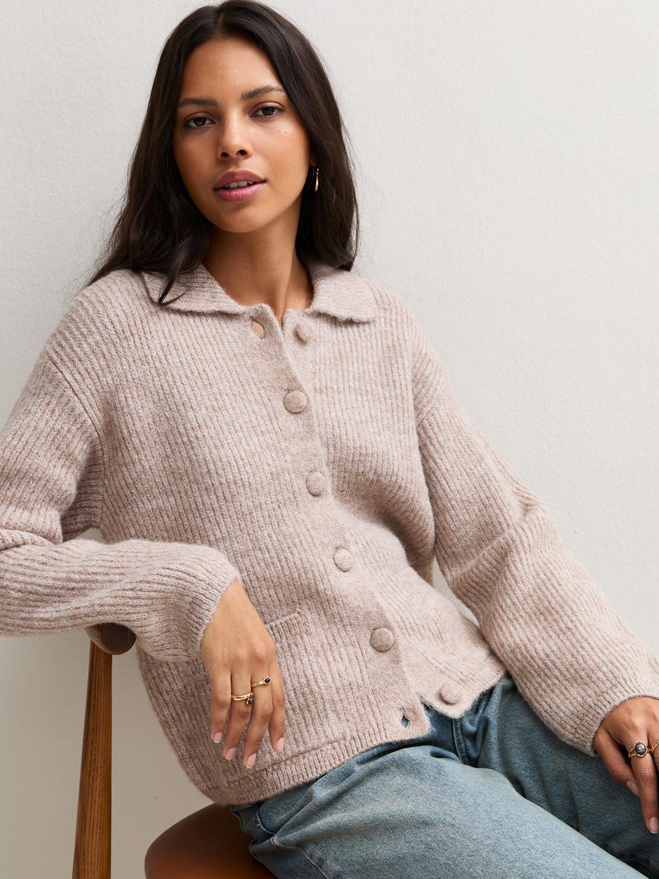 Image 4 of 7 of New Look Womens Ribbed Spread Collar Button Front Cardigan - Beige