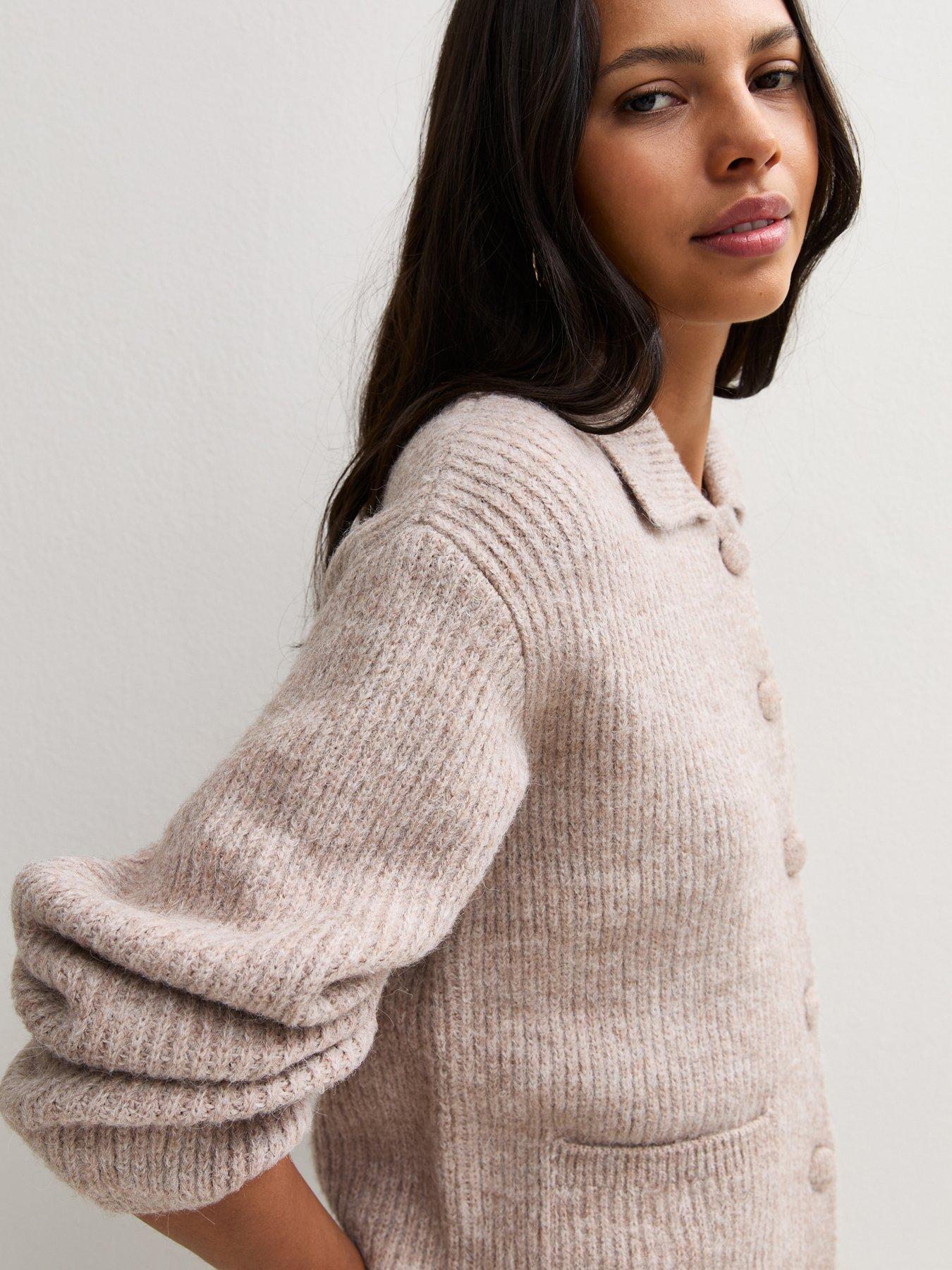 Image 5 of 7 of New Look Womens Ribbed Spread Collar Button Front Cardigan - Beige