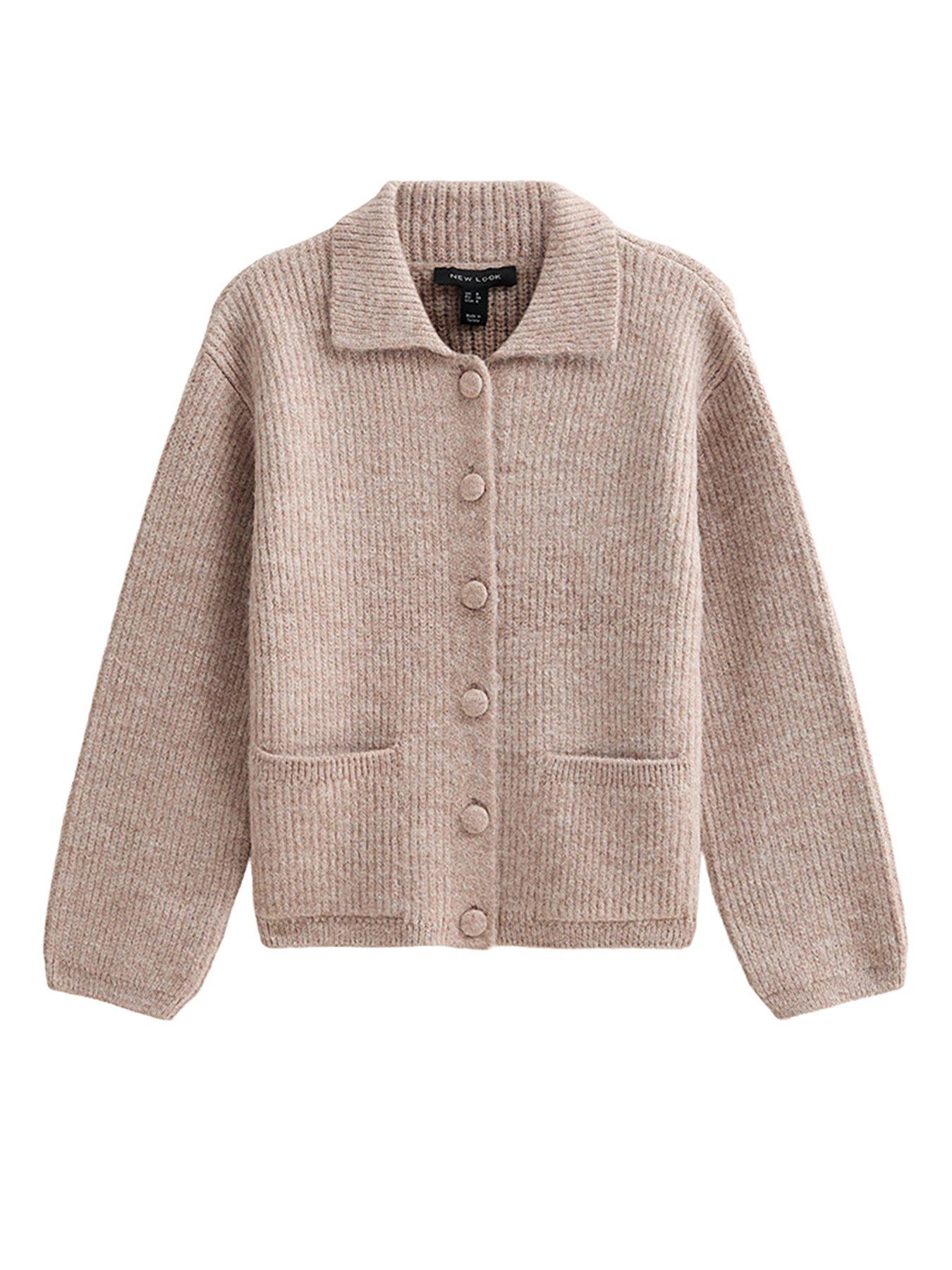 Image 6 of 7 of New Look Womens Ribbed Spread Collar Button Front Cardigan - Beige