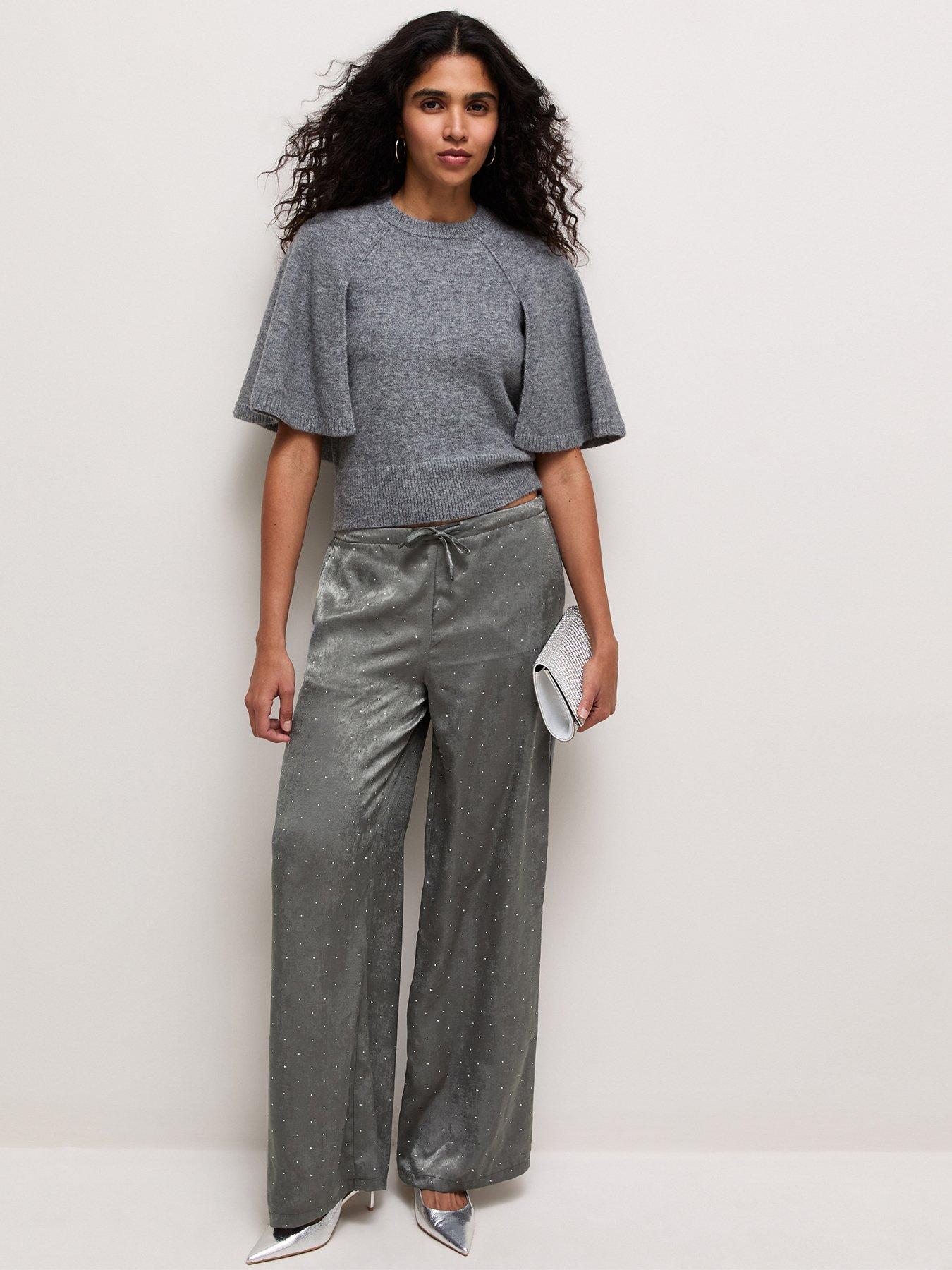 Image 1 of 5 of New Look Womens Shimmery Diamant&eacute; Tie Waist Trousers - Grey