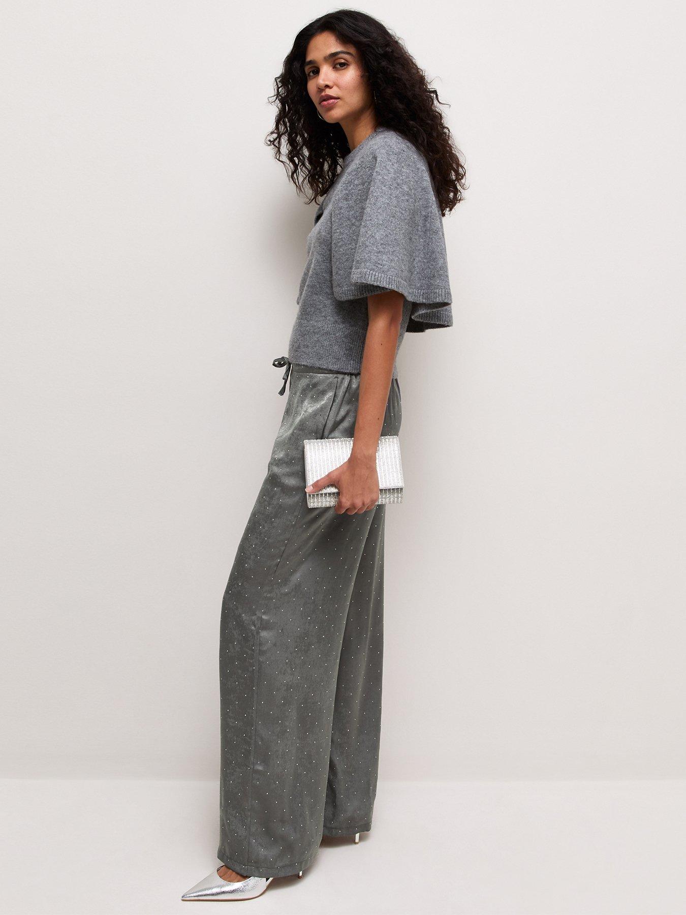 Image 3 of 5 of New Look Womens Shimmery Diamant&eacute; Tie Waist Trousers - Grey
