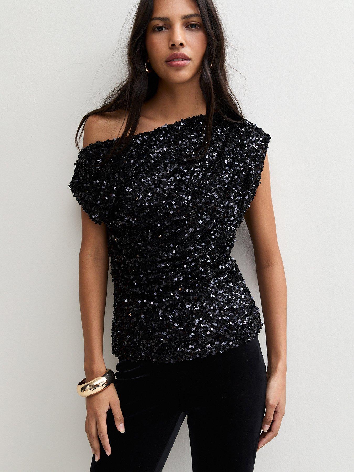 Image 1 of 6 of New Look Womens Tate One-Shoulder Sequin Draped Shell Top - Black