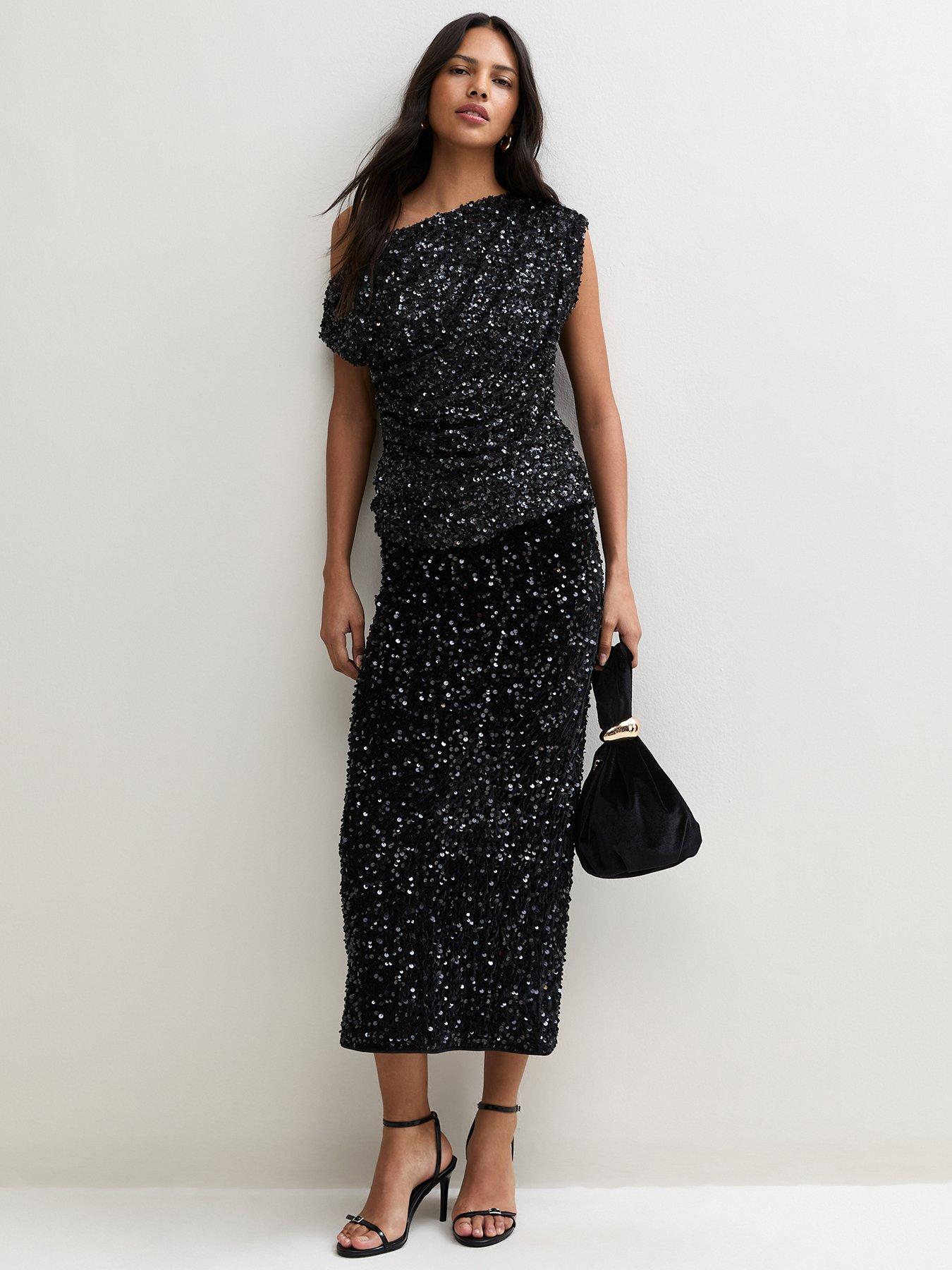 Image 3 of 6 of New Look Womens Tate One-Shoulder Sequin Draped Shell Top - Black