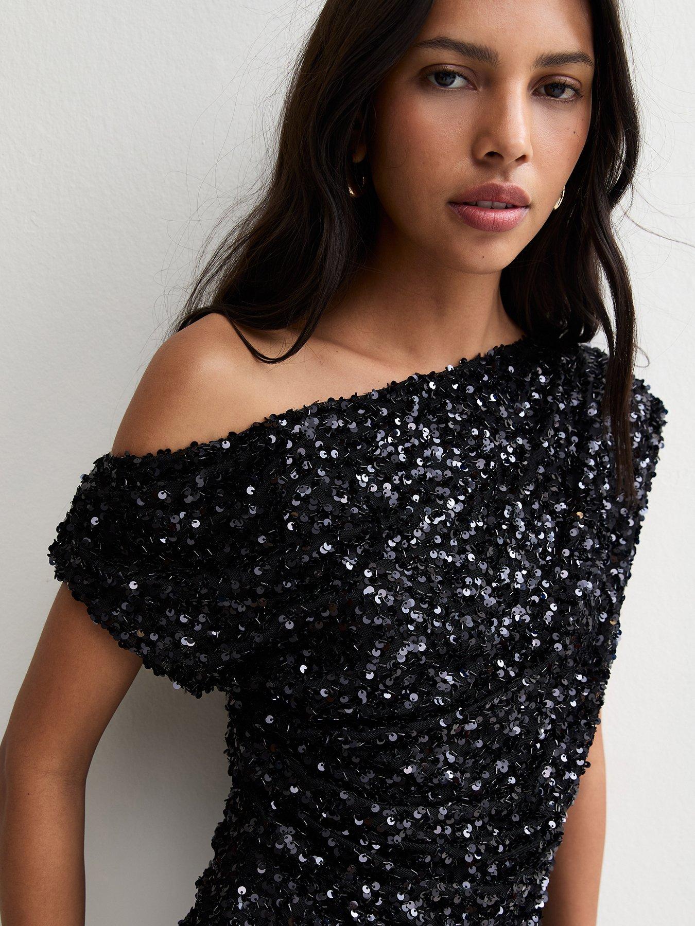 Image 5 of 6 of New Look Womens Tate One-Shoulder Sequin Draped Shell Top - Black
