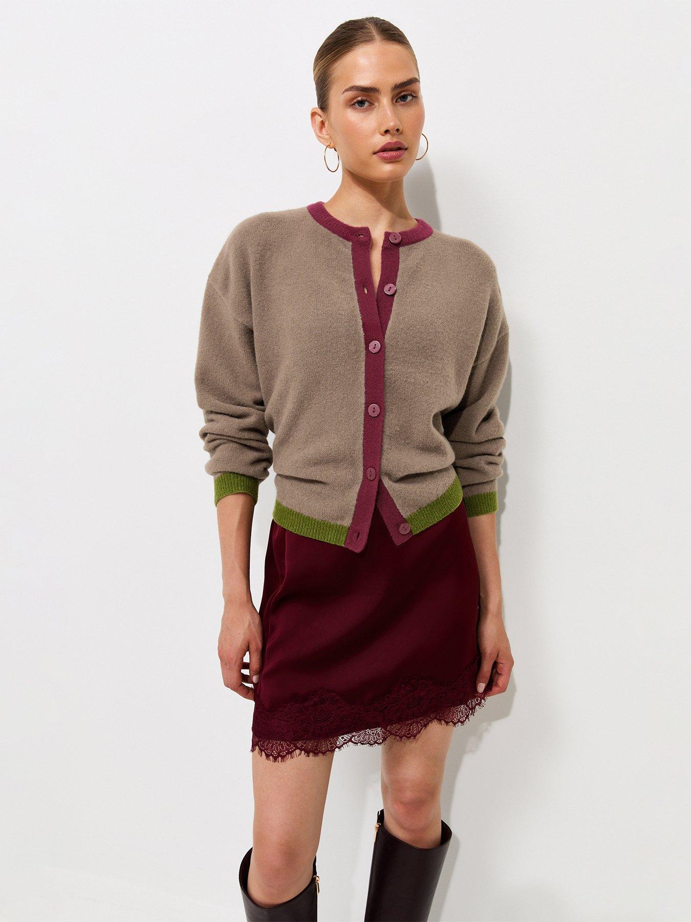 Image 1 of 6 of New Look Womens Colour Block Button-Through Ribbed Hem Cardigan - Brown