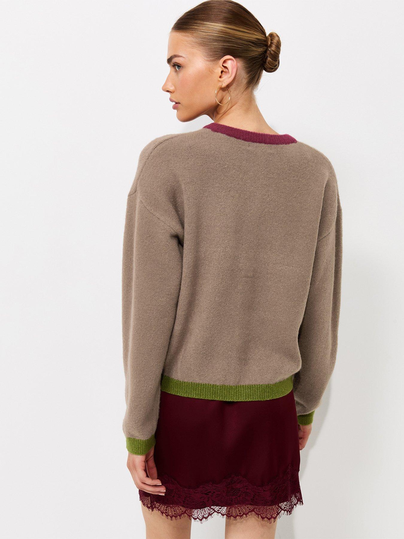 Image 2 of 6 of New Look Womens Colour Block Button-Through Ribbed Hem Cardigan - Brown