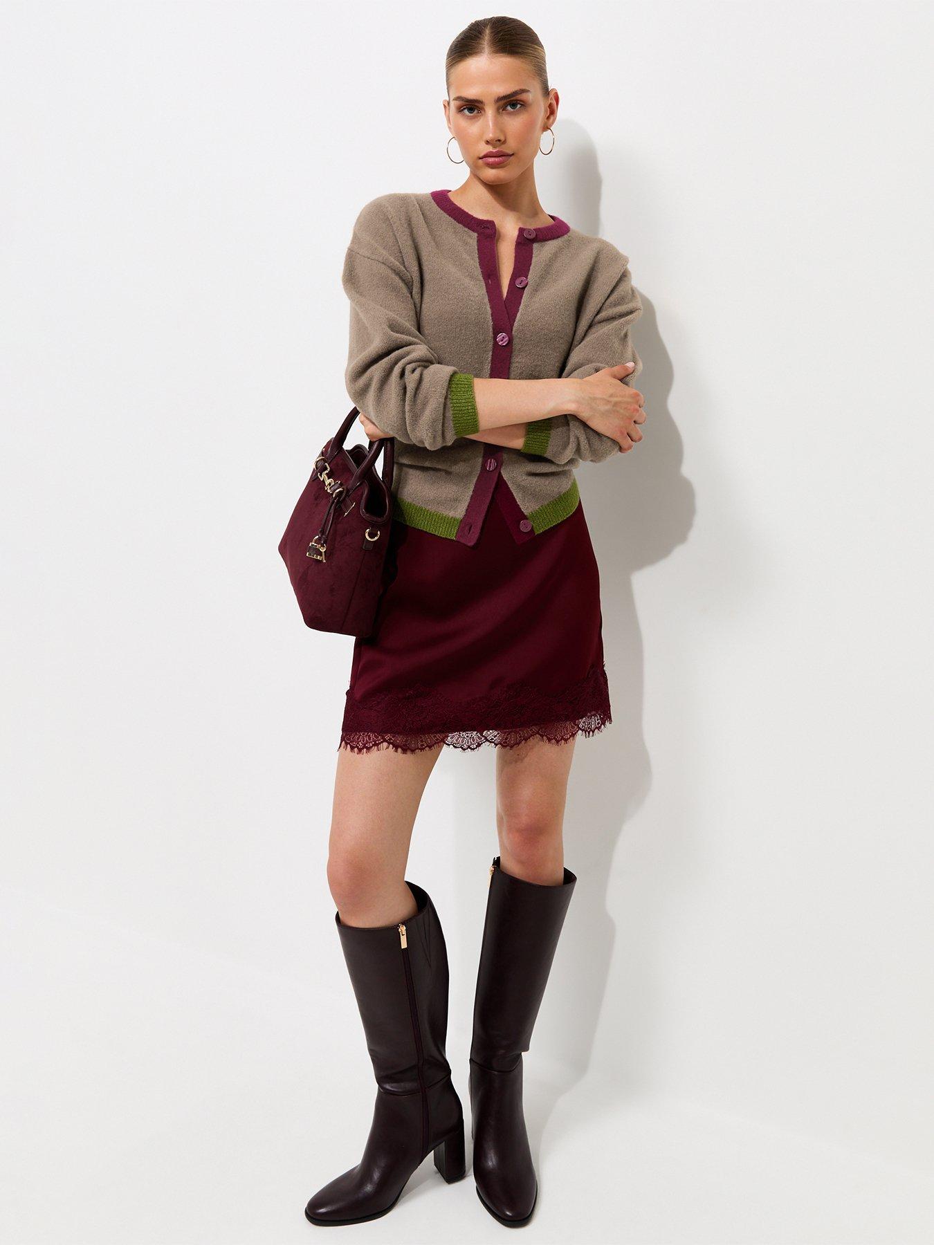 Image 3 of 6 of New Look Womens Colour Block Button-Through Ribbed Hem Cardigan - Brown