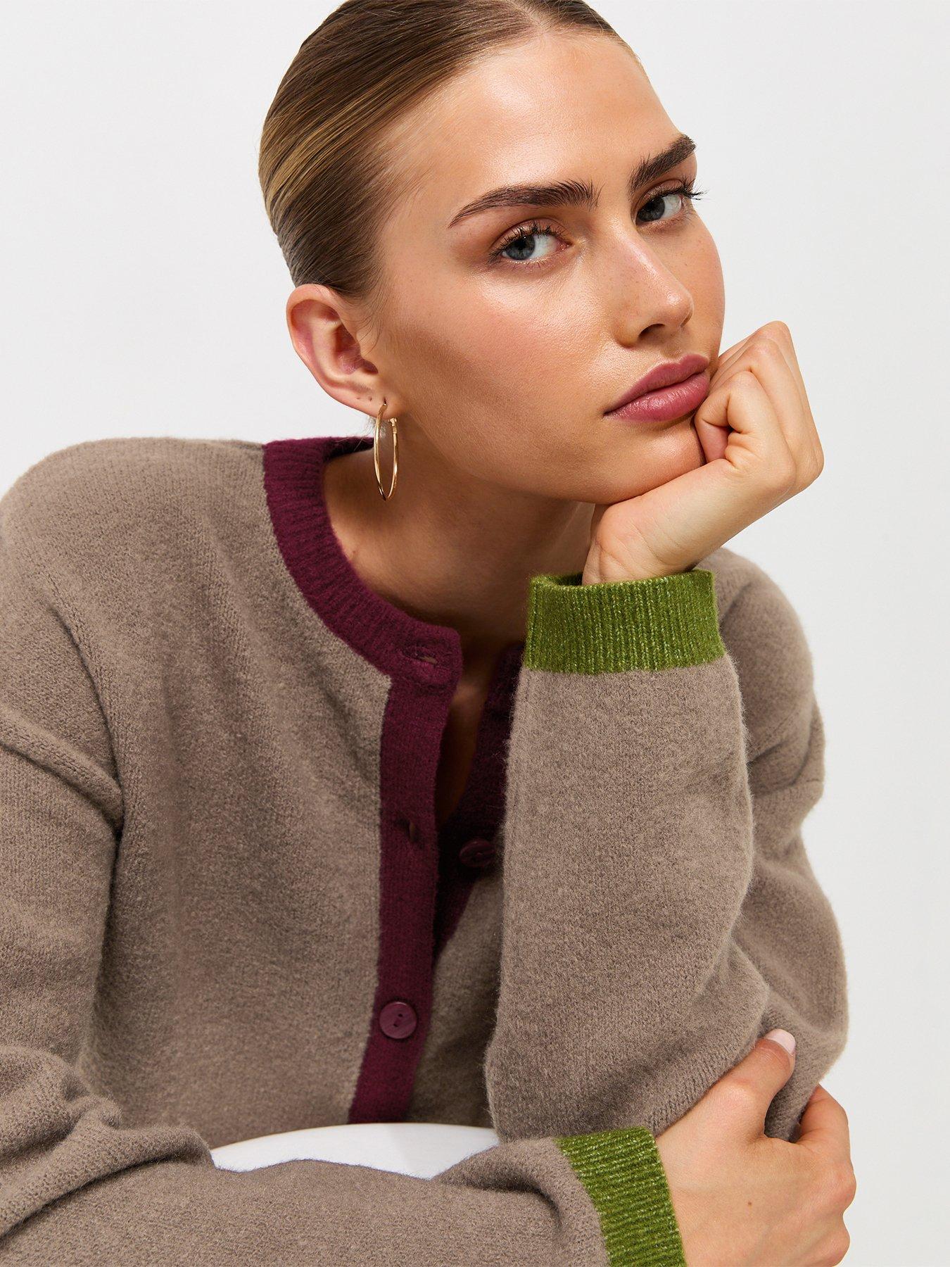 Image 4 of 6 of New Look Womens Colour Block Button-Through Ribbed Hem Cardigan - Brown