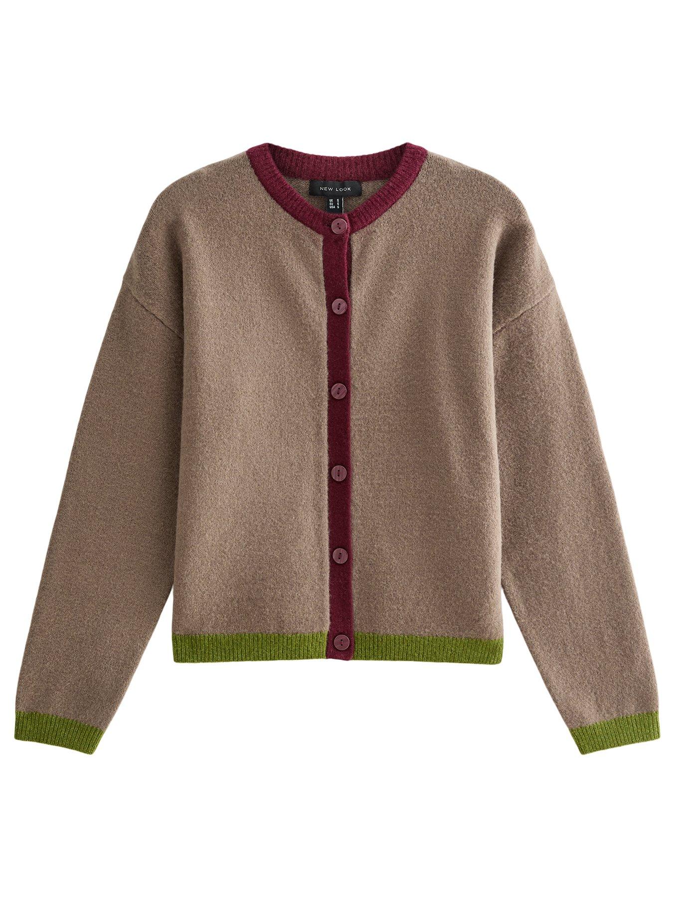 Image 6 of 6 of New Look Womens Colour Block Button-Through Ribbed Hem Cardigan - Brown