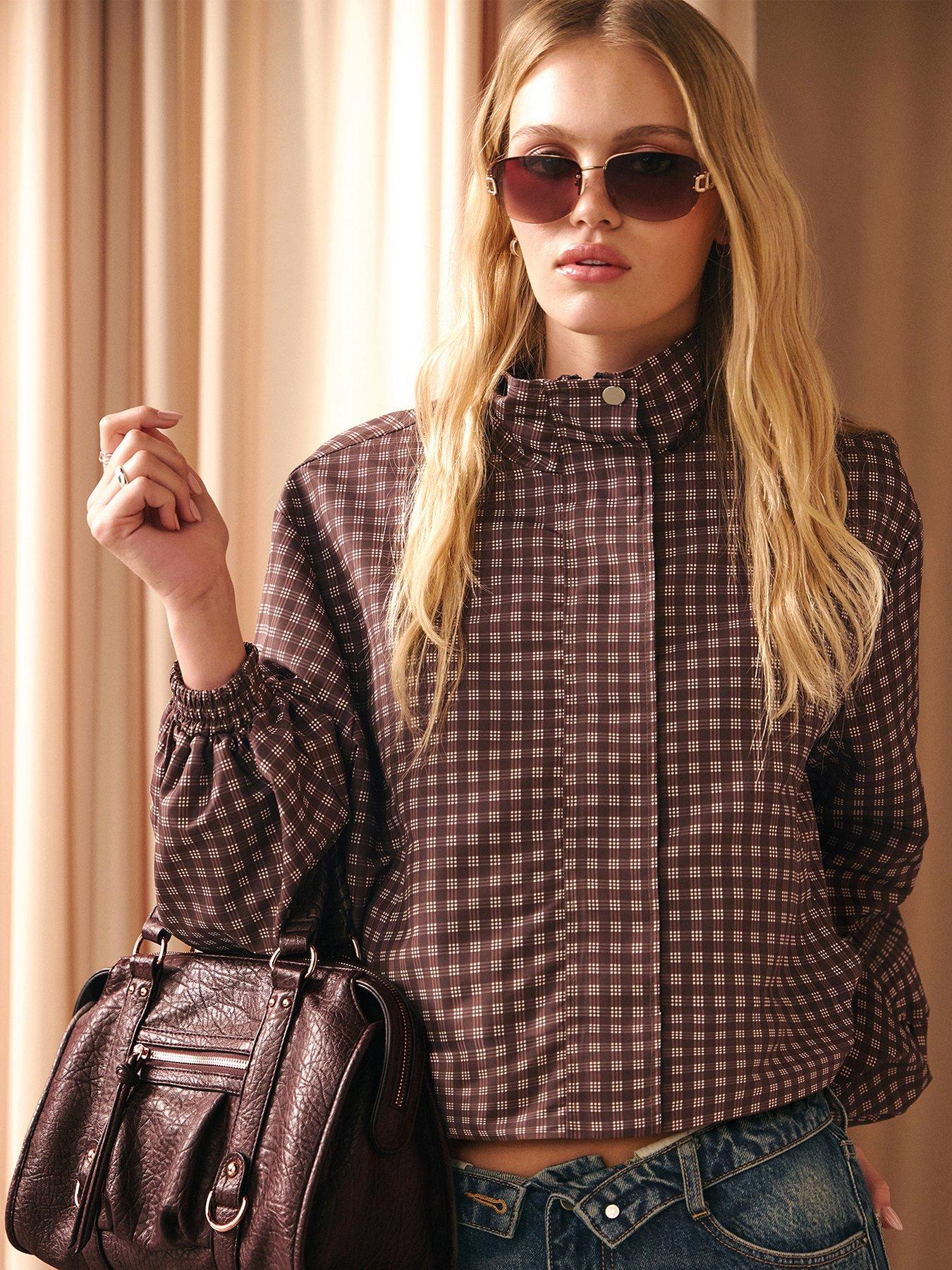 Image 1 of 4 of New Look Womens Check Funnel Neck Zip Through Jacket - Brown