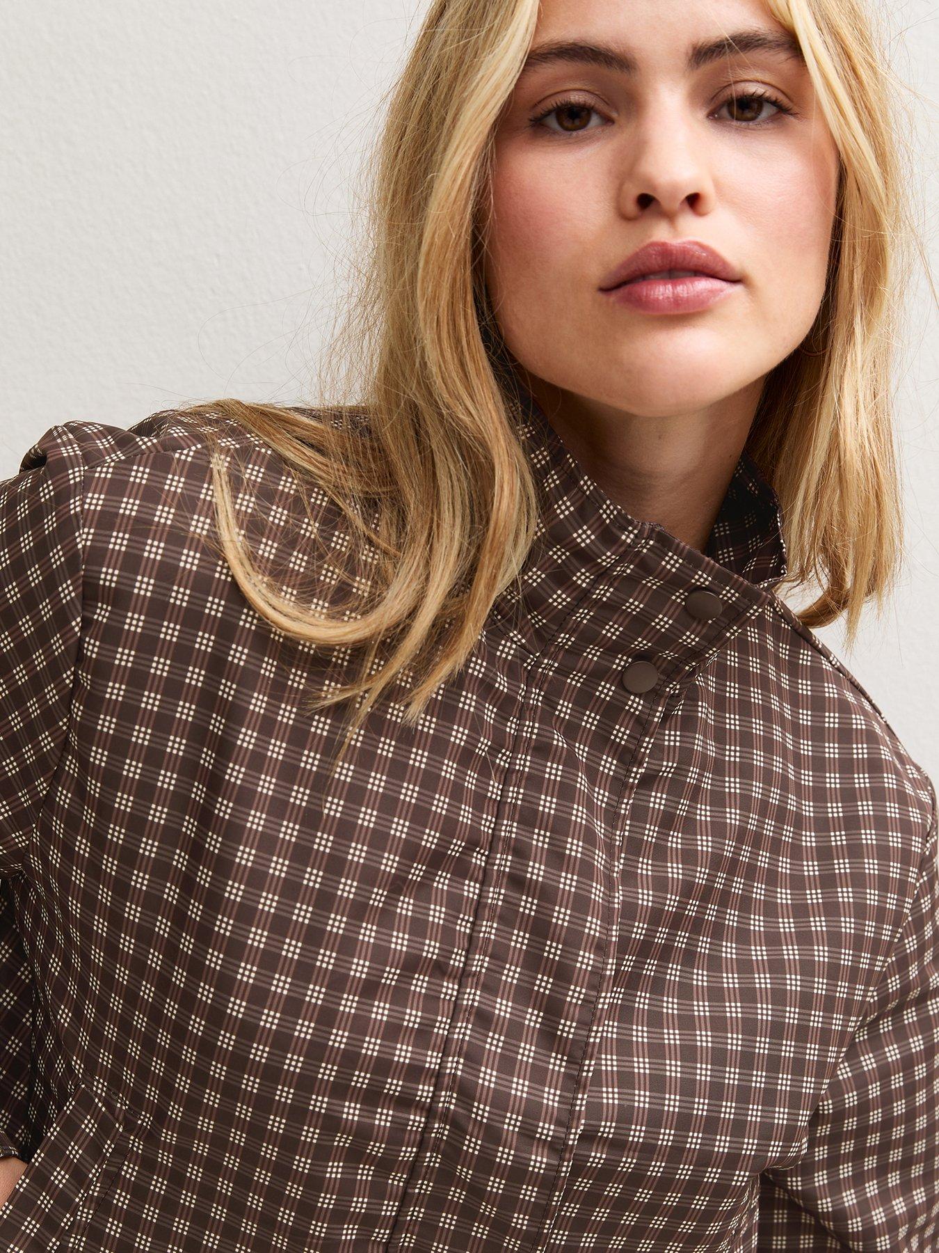 Image 2 of 4 of New Look Womens Check Funnel Neck Zip Through Jacket - Brown