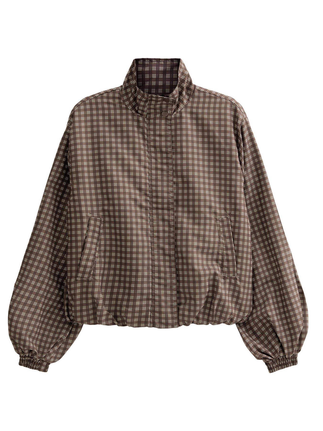 Image 4 of 4 of New Look Womens Check Funnel Neck Zip Through Jacket - Brown