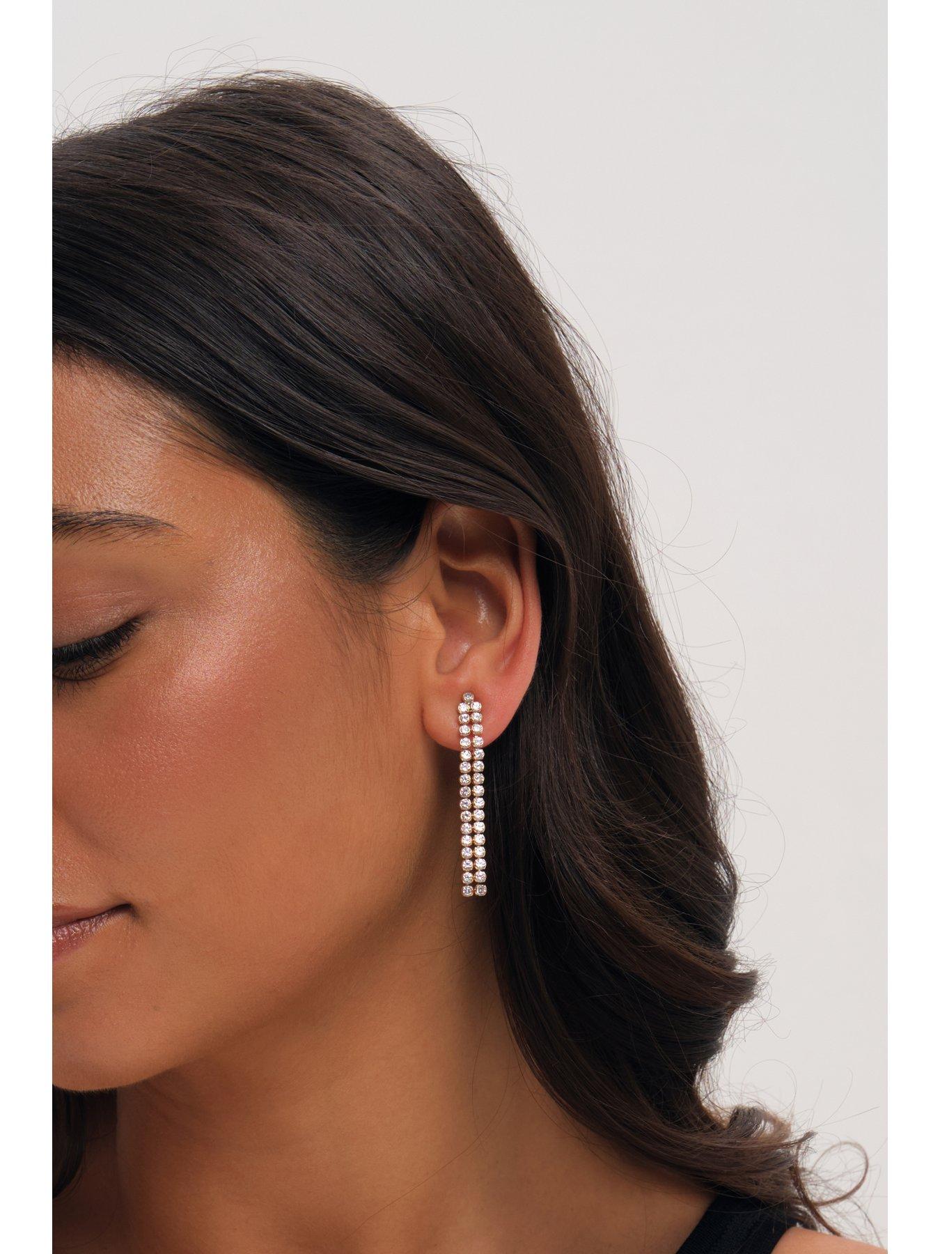 Image 2 of 3 of Mood Gold Plated Double Drop Linear Crystal Earrings