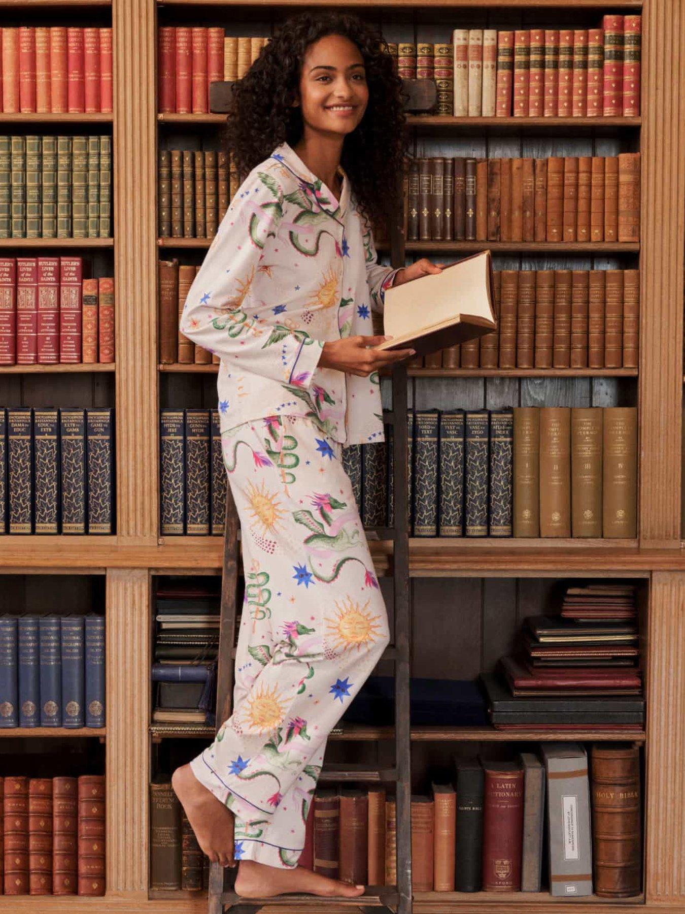 CHELSEA PEERS Organic Cotton Mythical Dragon Print Long Pyjama Set - Off White