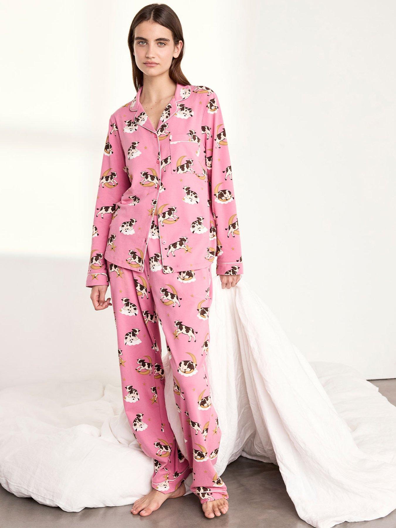 CHELSEA PEERS Organic Cotton Cosmic Cow Print Long Pyjama Set - PINK