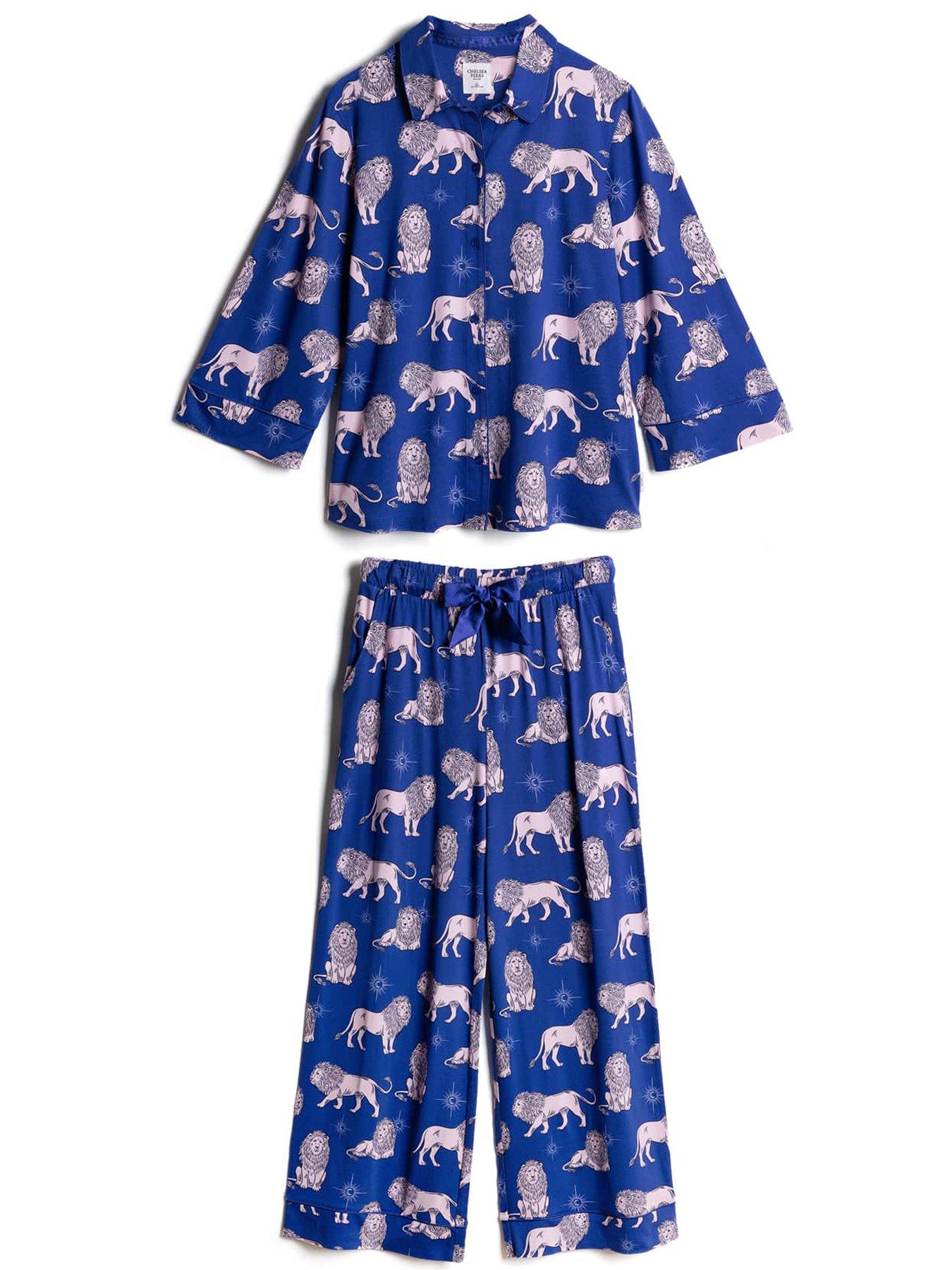 Image 6 of 6 of CHELSEA PEERS Moonlit Lion Print Long Pyjama Set - Blue