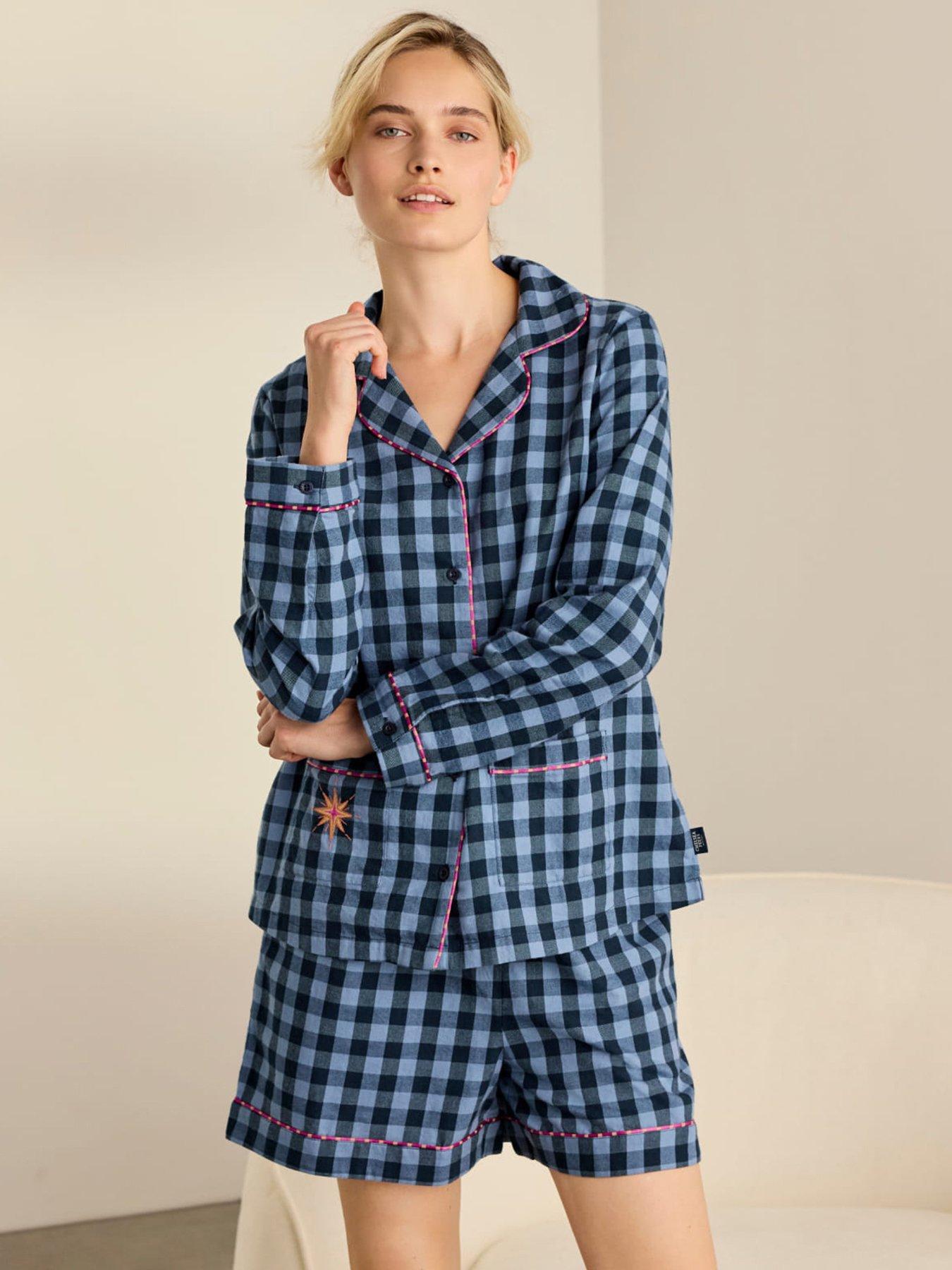 Image 1 of 6 of CHELSEA PEERS Organic Cotton Embroidered Gingham Under Your Spell Print Short Pyjama Set - Navy